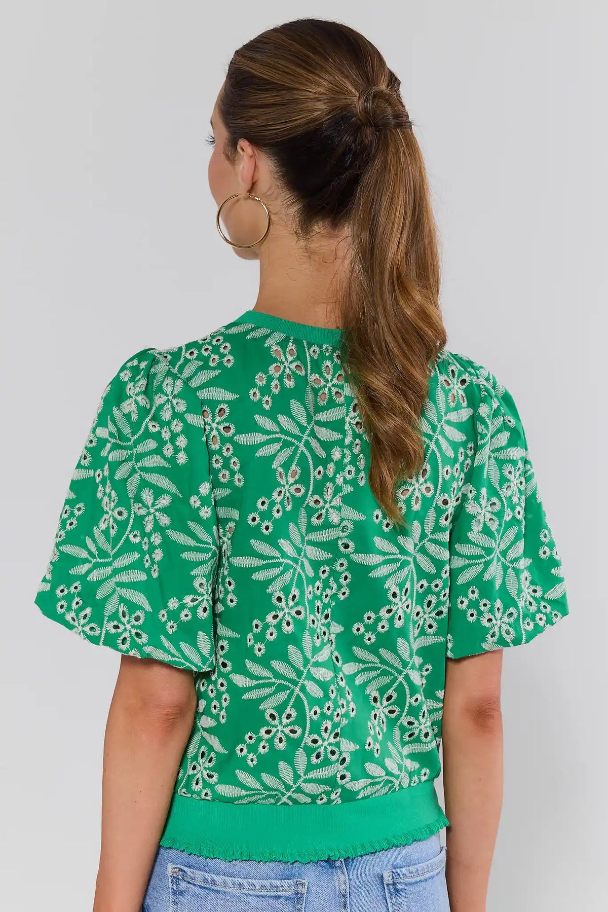Carrigan Green Eyelet Embroidered Top - Back View, Relaxed Silhouette | Avara