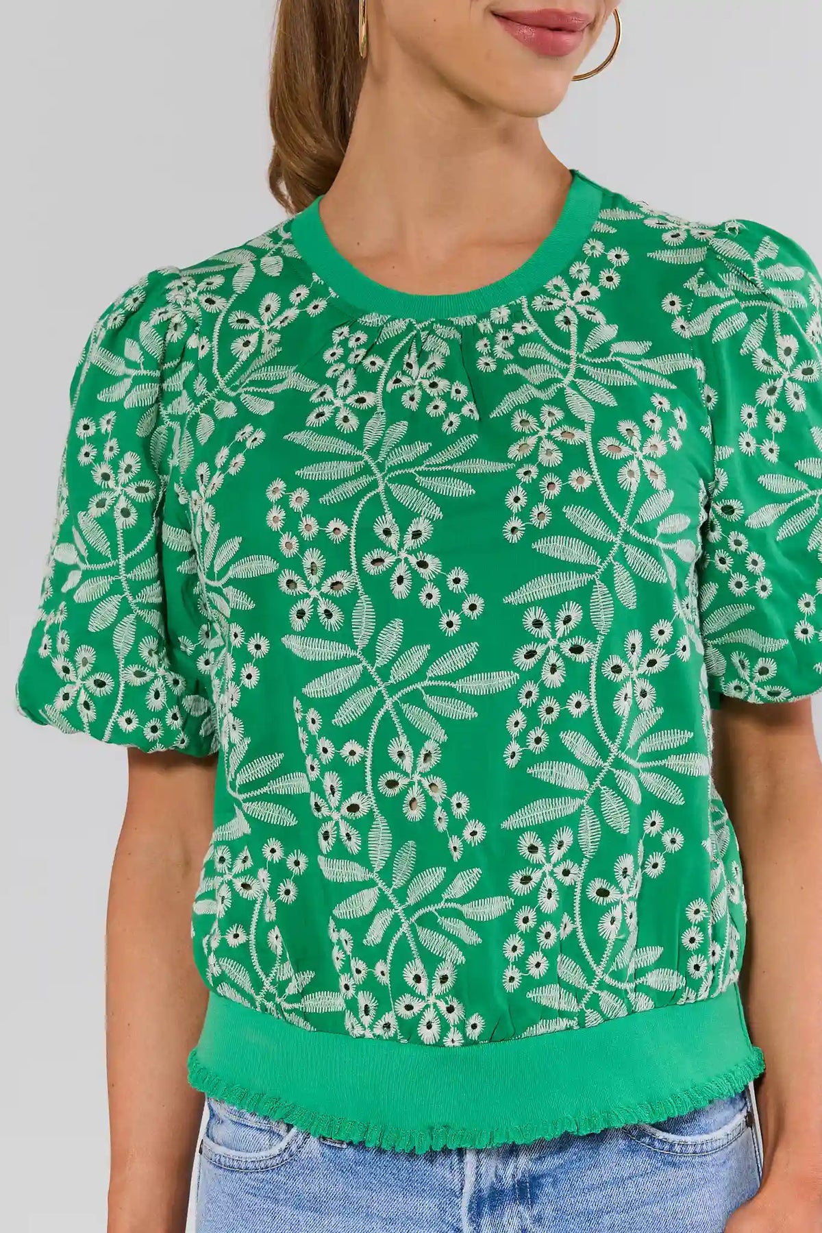 Carrigan Green Eyelet Embroidered Top - Close-Up Embroidery Detail, On Model | Avara