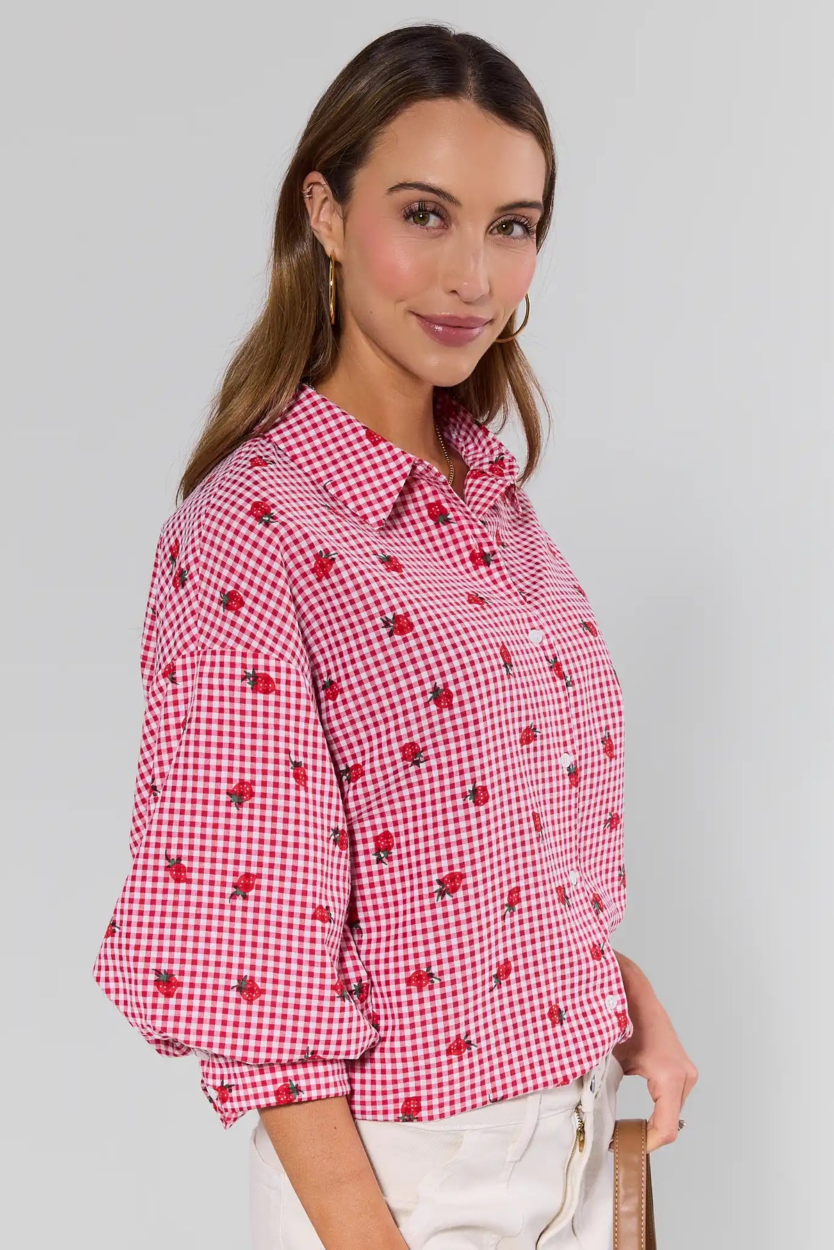 Dorthea Red Gingham Top side profile showing strawberry print and 3/4 sleeve detail | Avara