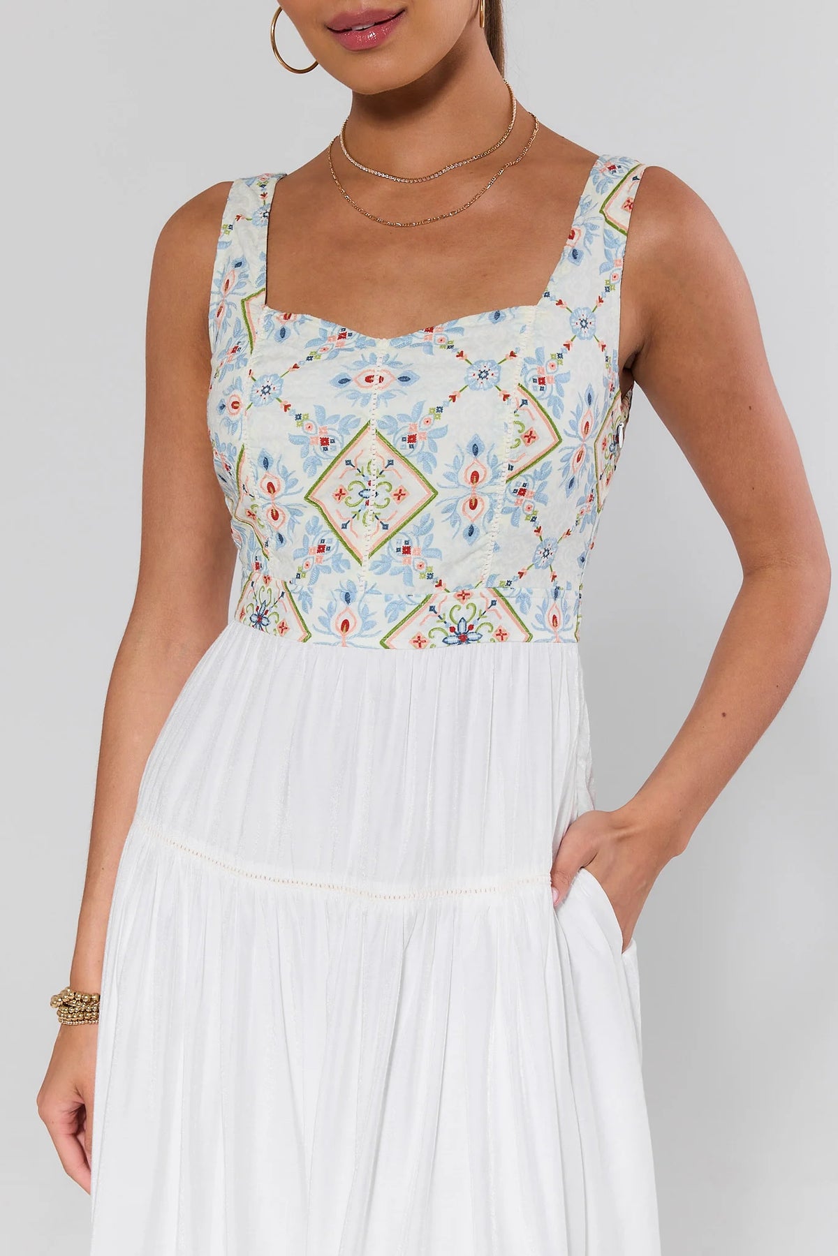 Zoe White Floral Embroidered Midi Dress - Close-Up Bodice Detail, multicolor embroidery | Avara