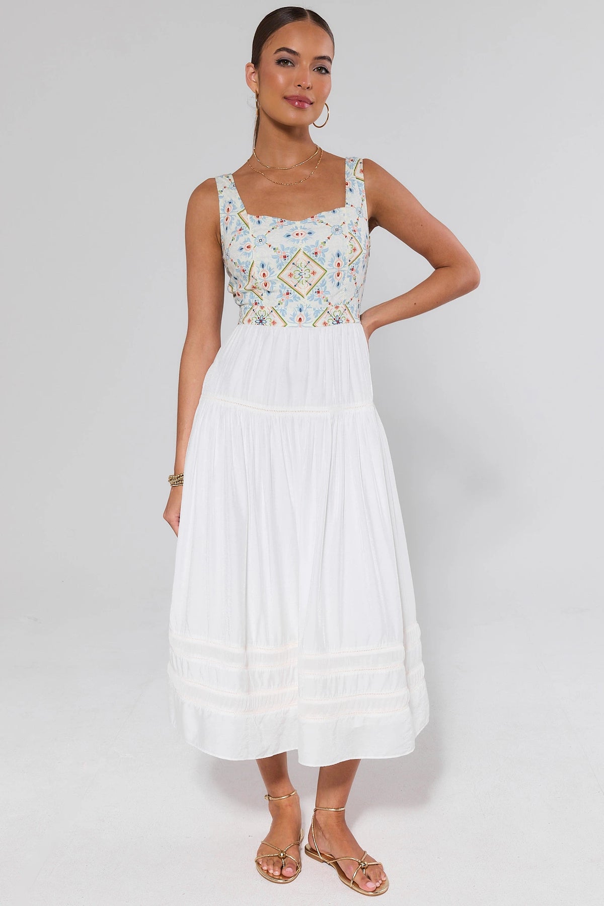 Zoe White Floral Embroidered Midi Dress - Front View, tiered skirt and square neckline | Avara