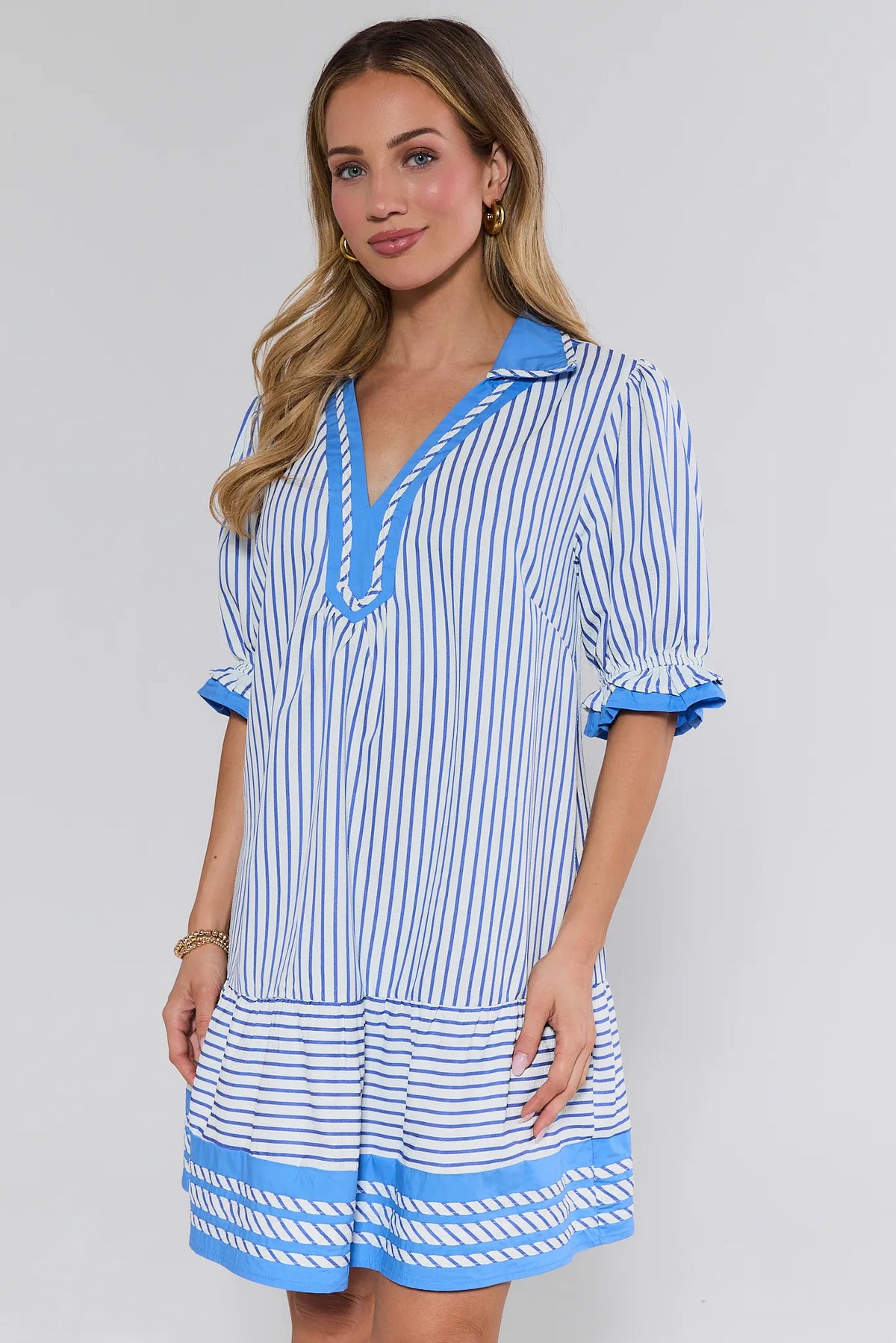Ainsley Blue Striped Short Dress - Front Three-Quarter View, Collared V-Neck | Avara