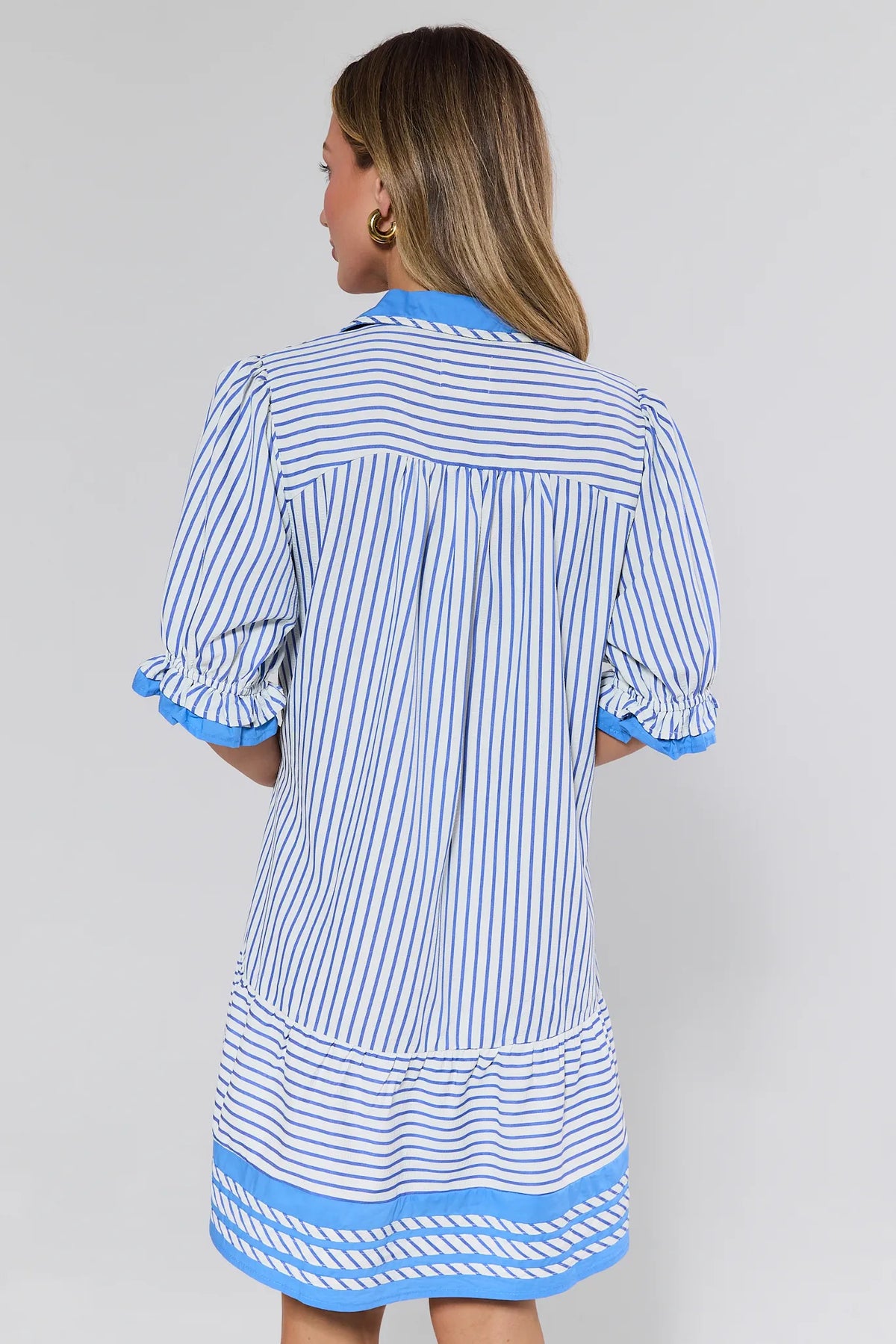 Ainsley Blue Striped Short Dress - Back View, Tiered Hem & Ruffle Sleeve Detail | Avara