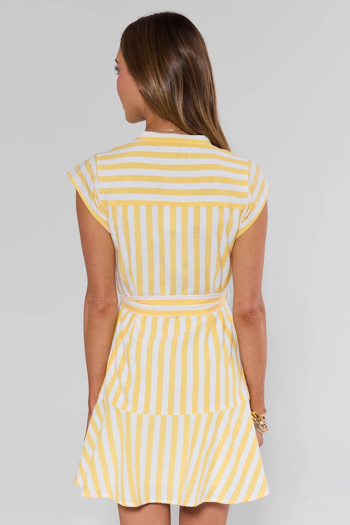 Erica Yellow Striped Short Dress - Back View Showing Cap Sleeves & Belted Waist | Avara