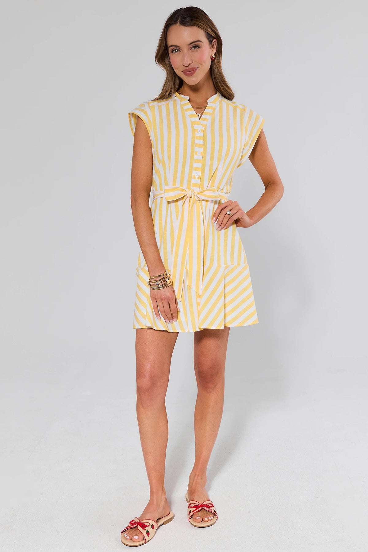 Erica Yellow Striped Short Dress - Full-Length Front View Styled with Red Sandals | Avara