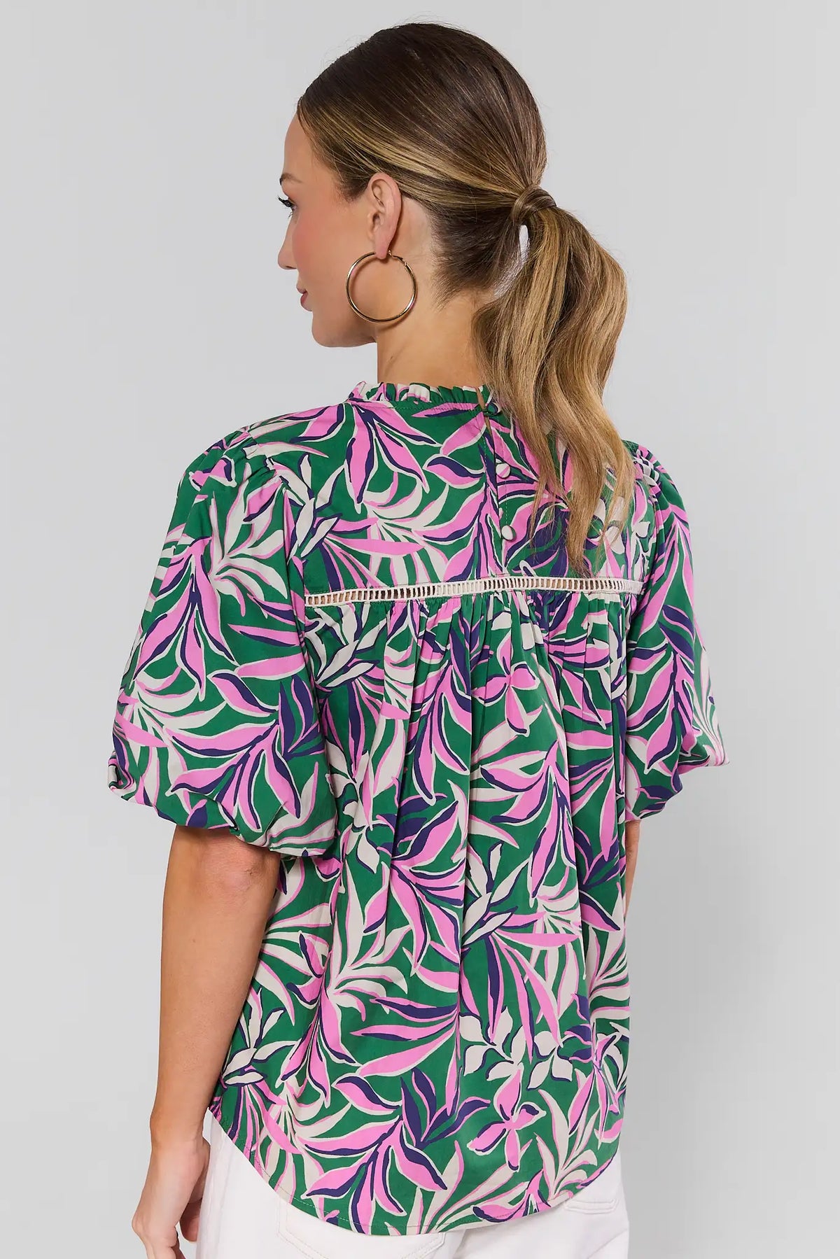 Kristen Green Palm Printed Top - Back View showing lace trim detail & flutter sleeves | Avara