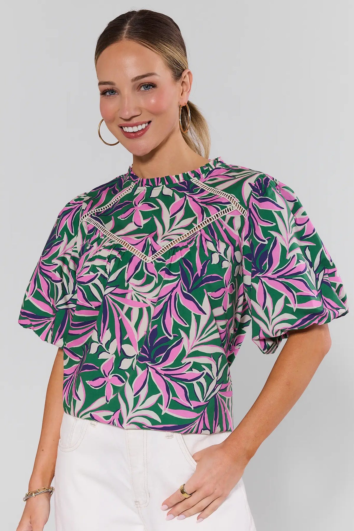 Kristen Green Palm Printed Top - Front 3/4 View, puff sleeves & lace trim detail | Avara