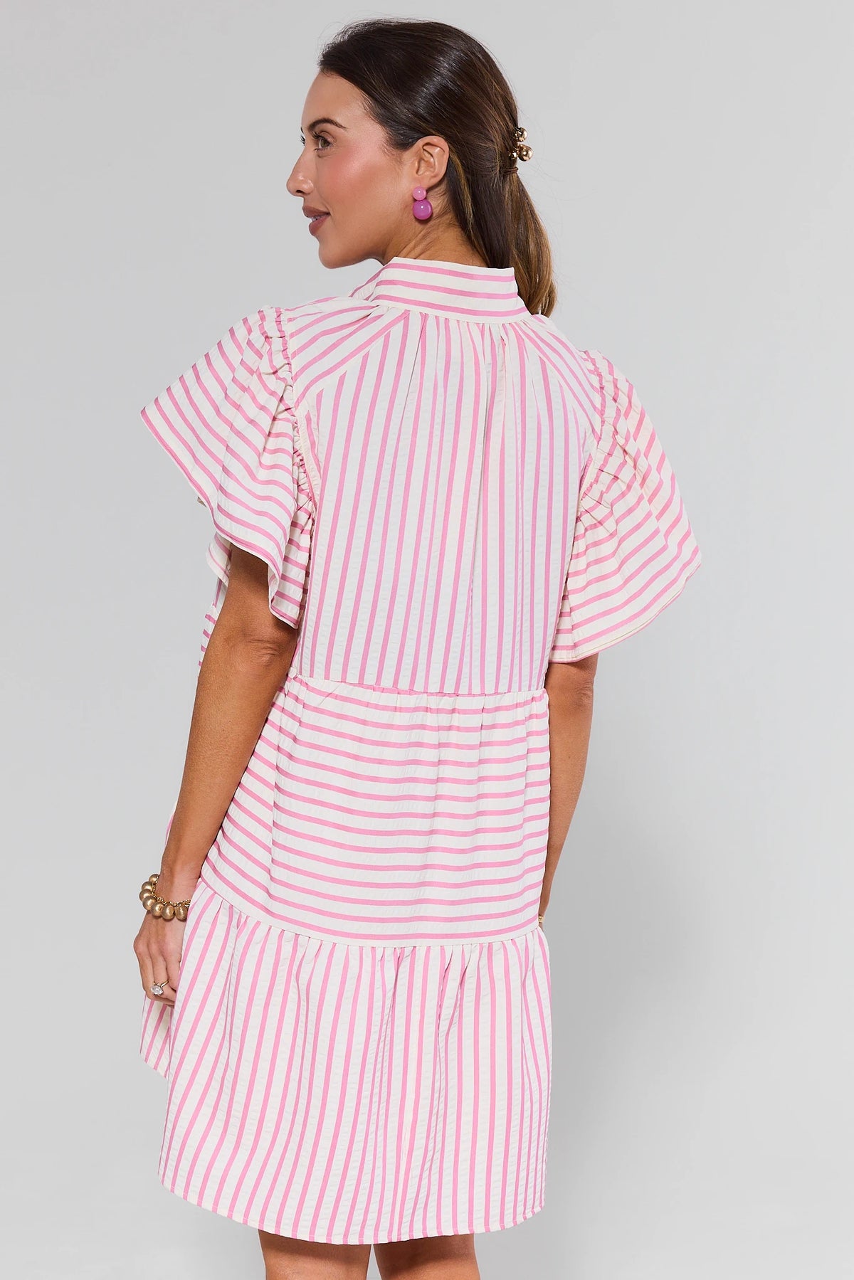 Lorelei Pink Striped Short Dress - Back View Showing Tiered Silhouette & Flutter Sleeves | Avara