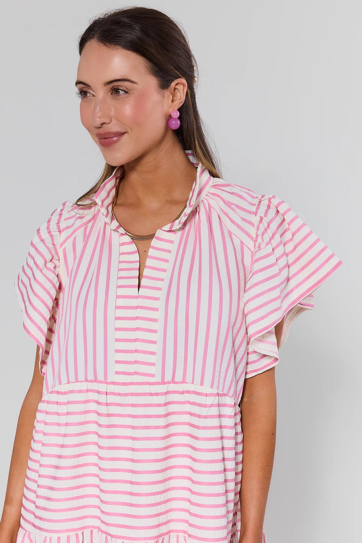 Lorelei Pink Striped Short Dress - Ruffle Sleeve & V-Neckline Close-Up Detail | Avara