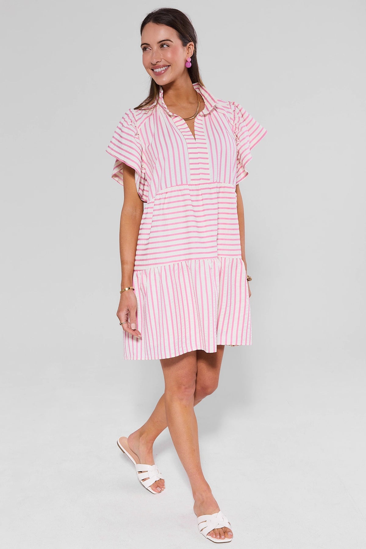 Lorelei Pink Striped Short Dress - Full Length Side View with White Sandals | Avara