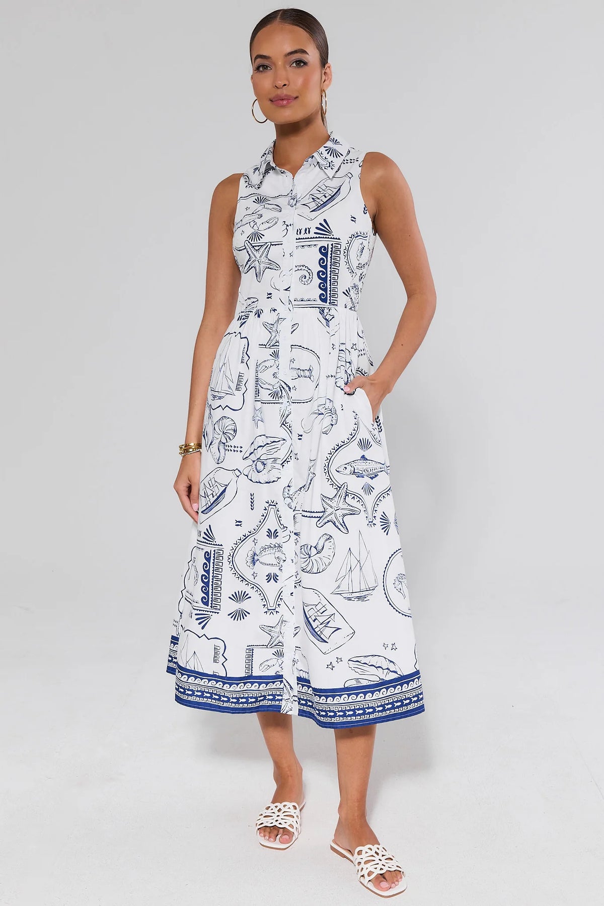 Kinsley White Printed Maxi Dress with blue nautical icon print - Front View On Model | Avara