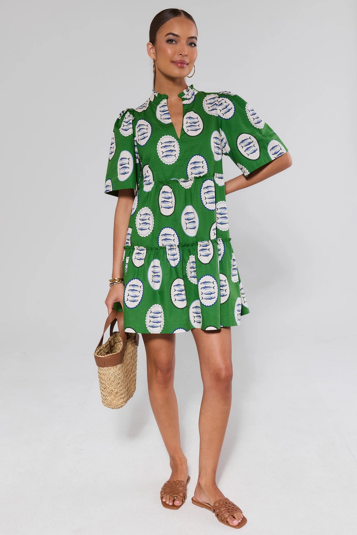 Evan Green Printed Short Dress styled with sandals and woven bag, full-length front view | Avara