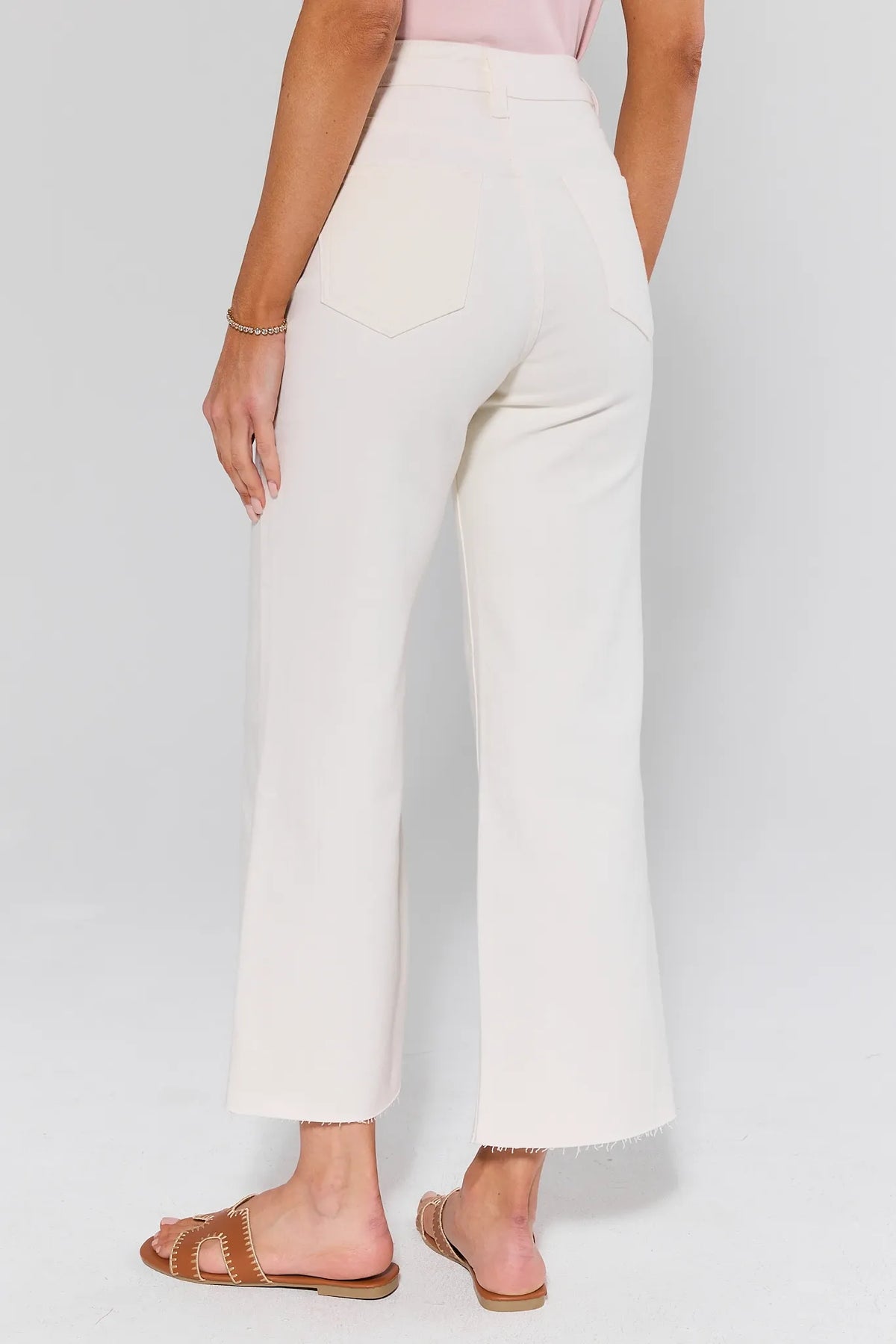 Caroline Ecru Straight Leg Jeans by Bayeas, back view showing patch pockets and cropped raw hem | Avara