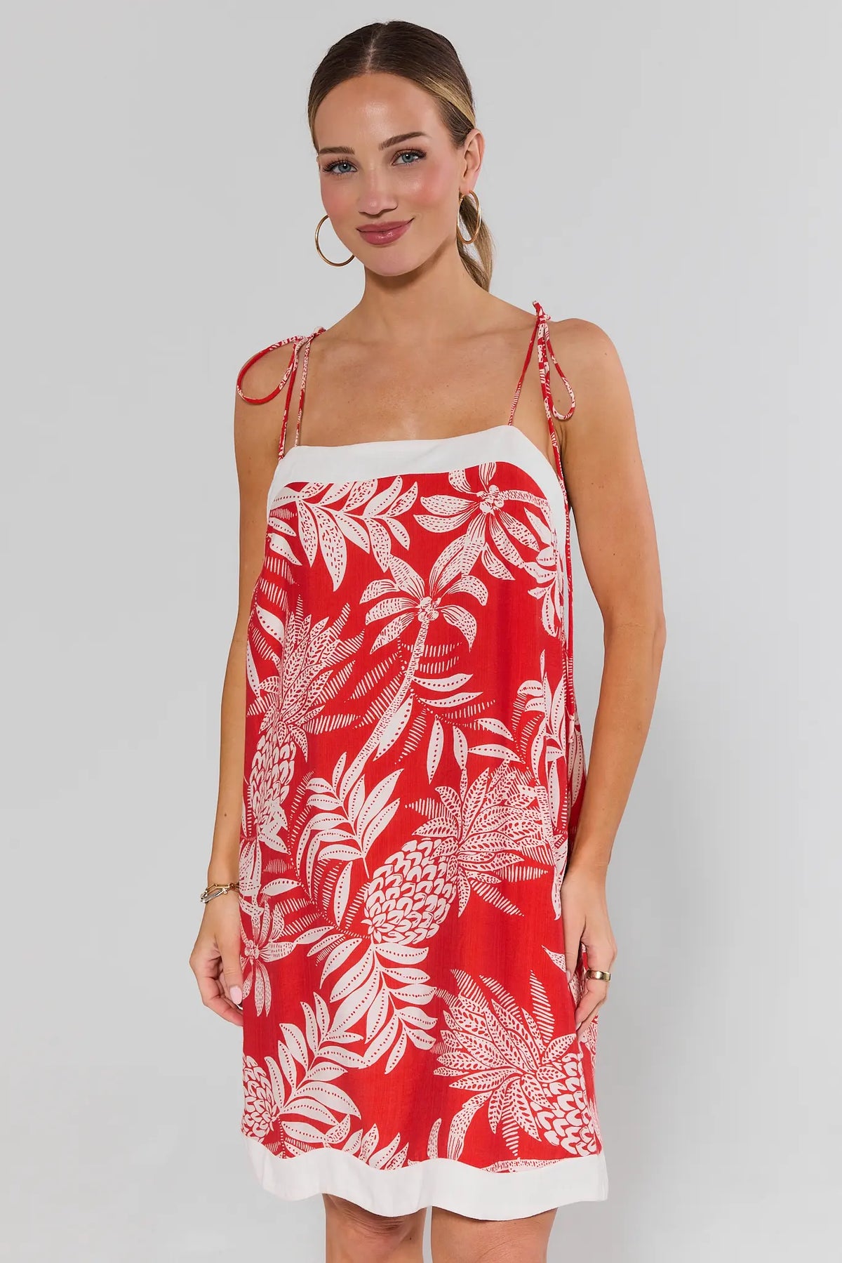 Libby Red Printed Short Dress - red tropical palm print shift with tie shoulders, front view | Avara