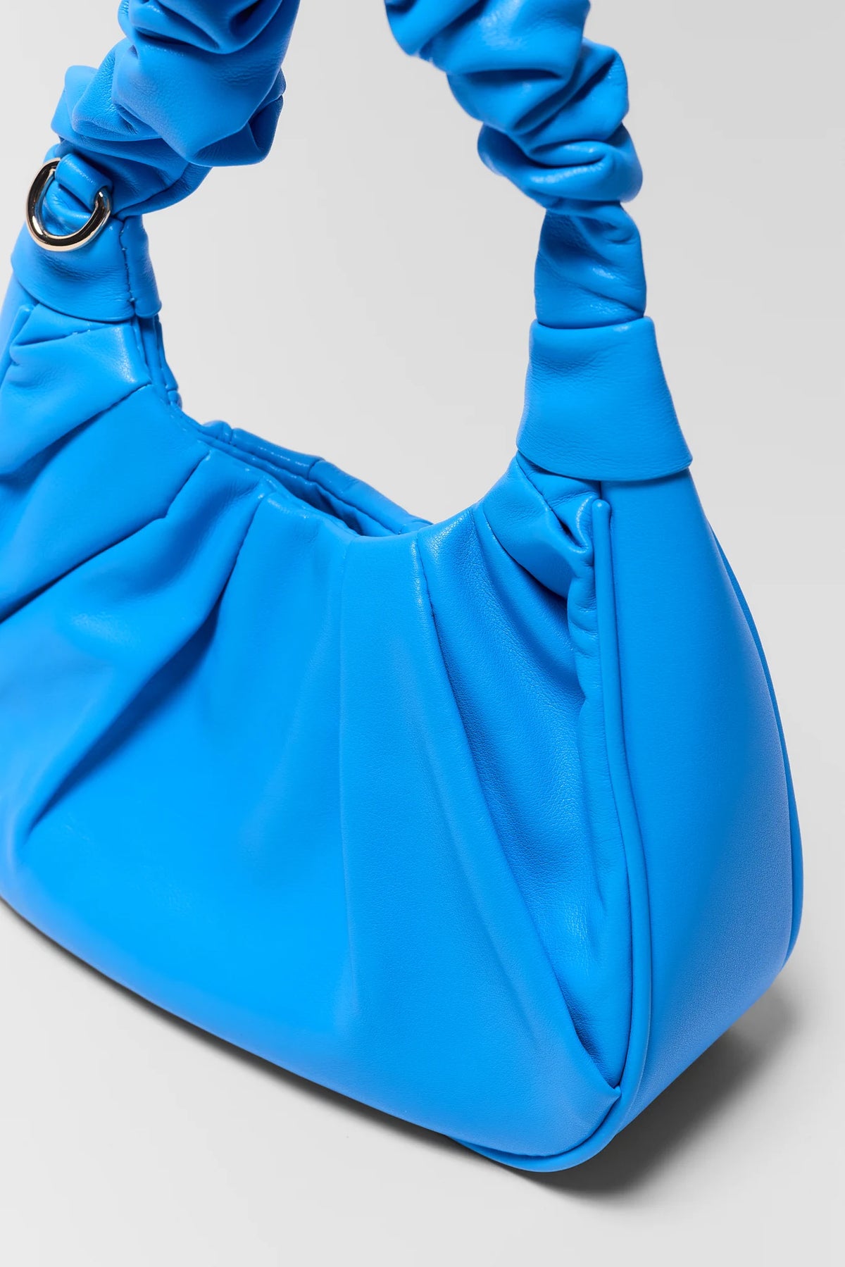 Berkley Blue Shoulder Bag ruched handle and pleated body close-up - Hardware Detail | Avara