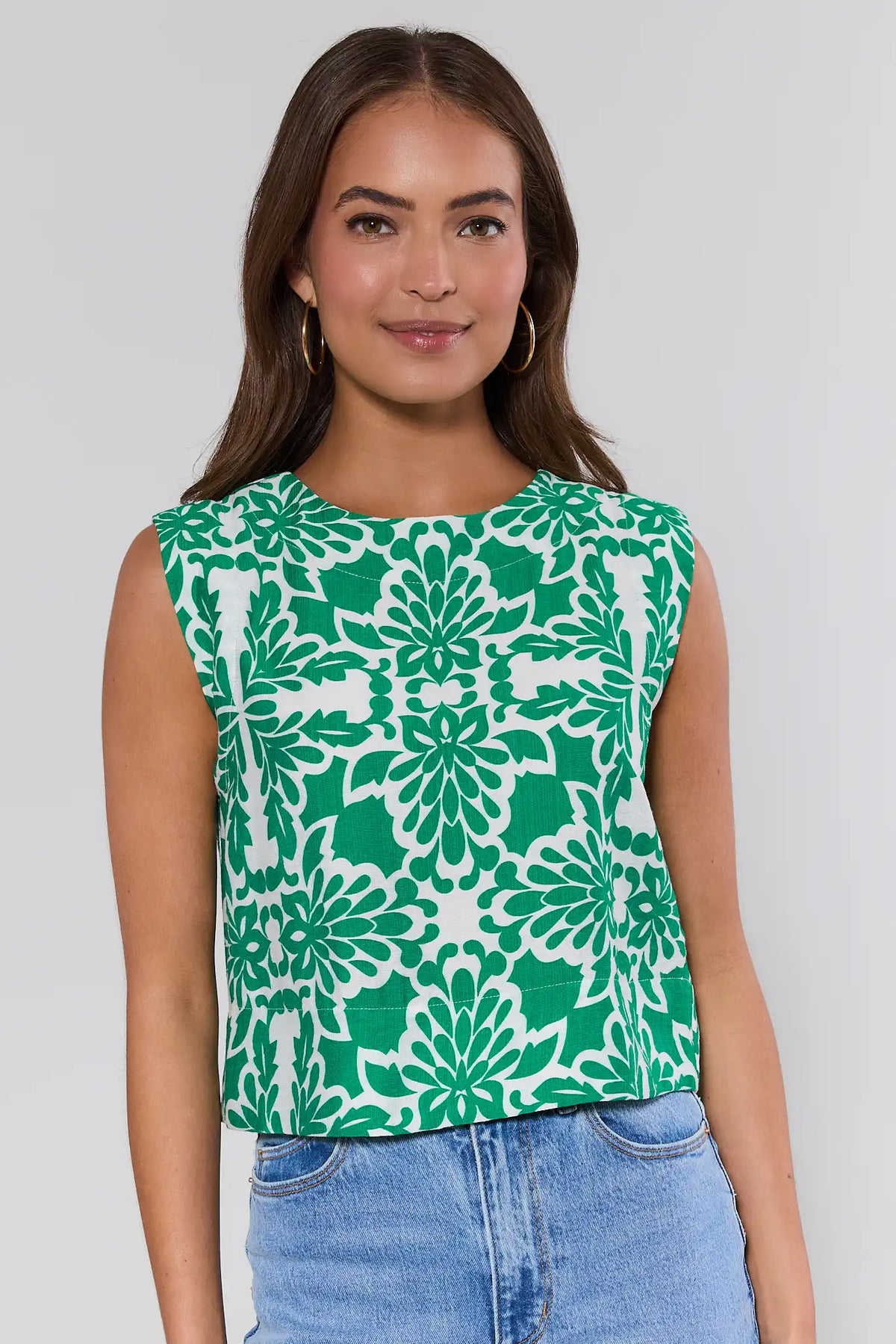 Margot Green Printed Top styled with matching shorts, full-length front view on model | Avara