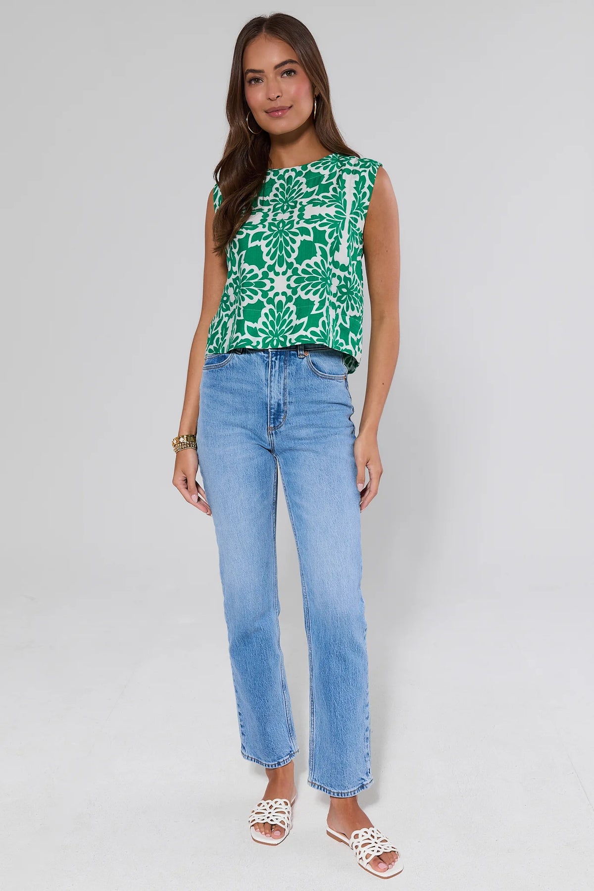 Margot Green Printed Top styled with light wash jeans, full-length front view on model | Avara