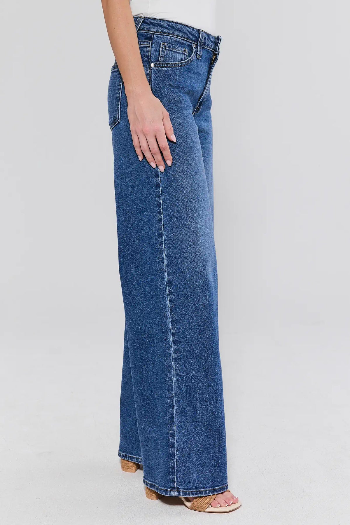 Bentley Medium Wash Wide Leg Jeans - Side View, High Rise Silhouette | Avara