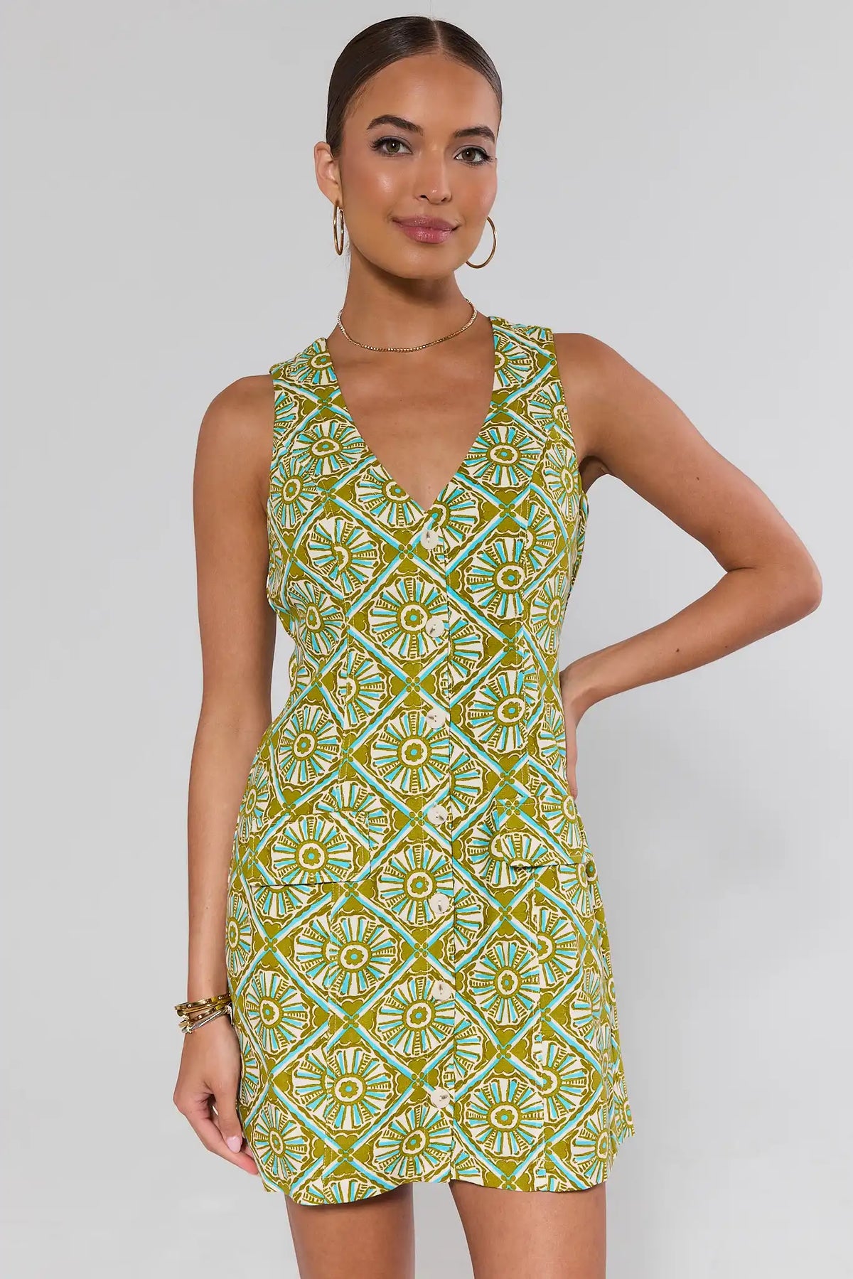 Seraphina Green Printed Short Dress, V-neck front view, abstract tile print - On Model | Avara