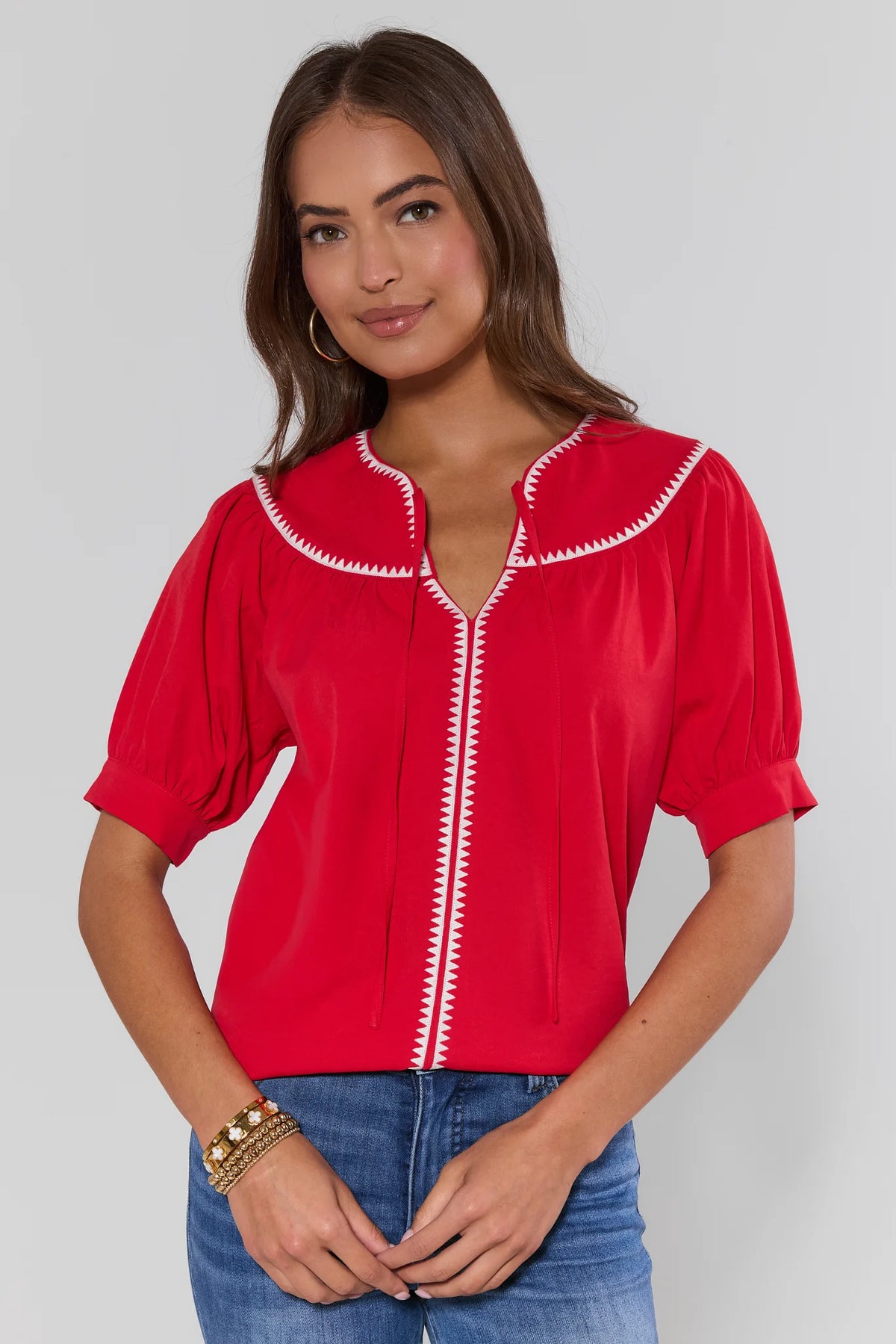 Gabriela Red Stitched Trim Top front view, cute top for women paired with flare jeans | Avara