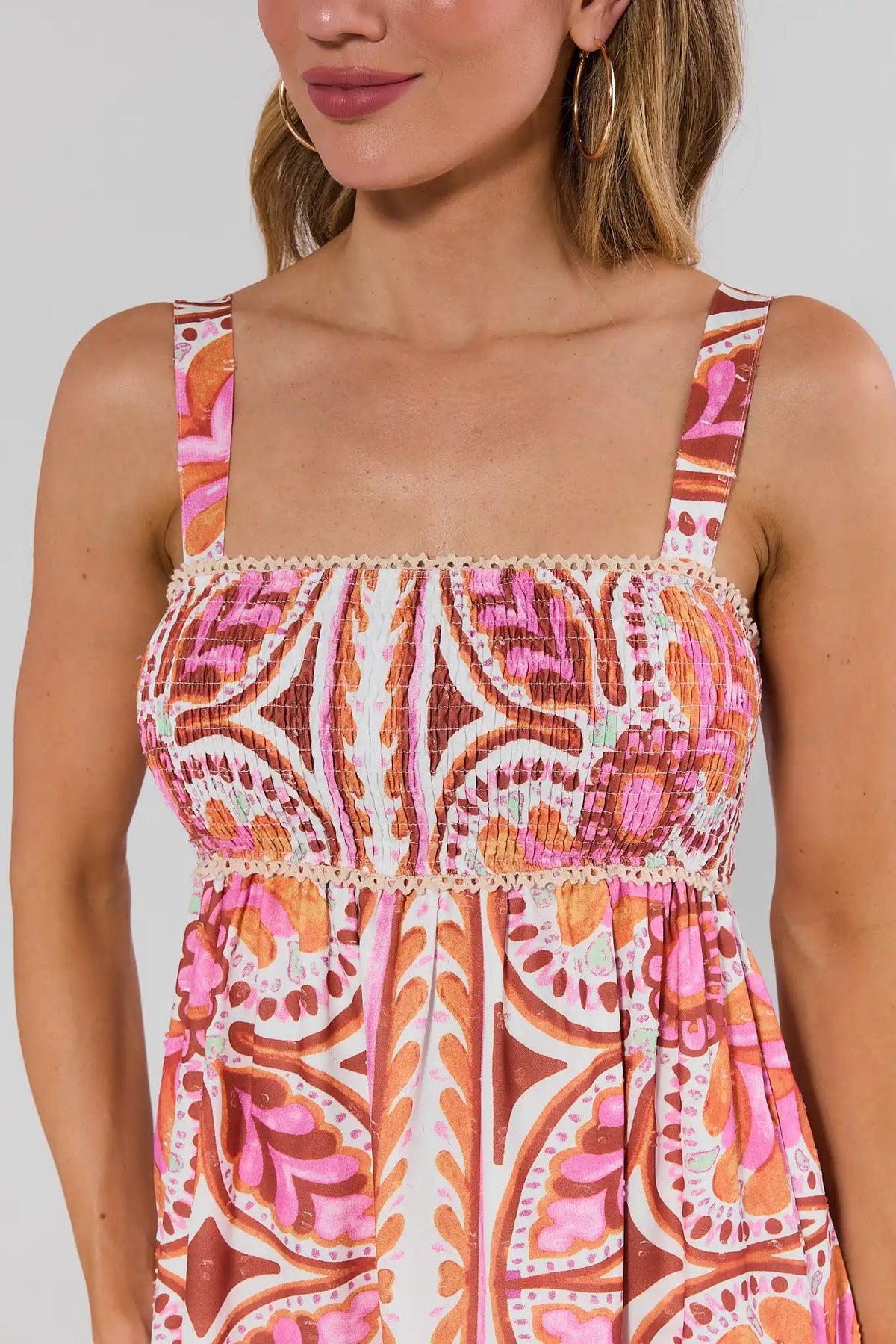 Rowen Multi Printed Short Dress smocked bodice with crochet trim detail - Close-Up View | Avara