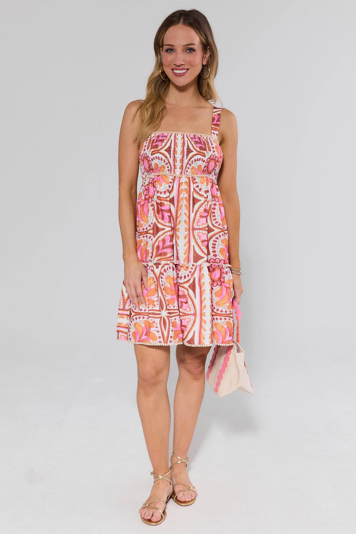 Rowen Multi Printed Short Dress pink orange print styled with gold sandals - Full Length View | Avara