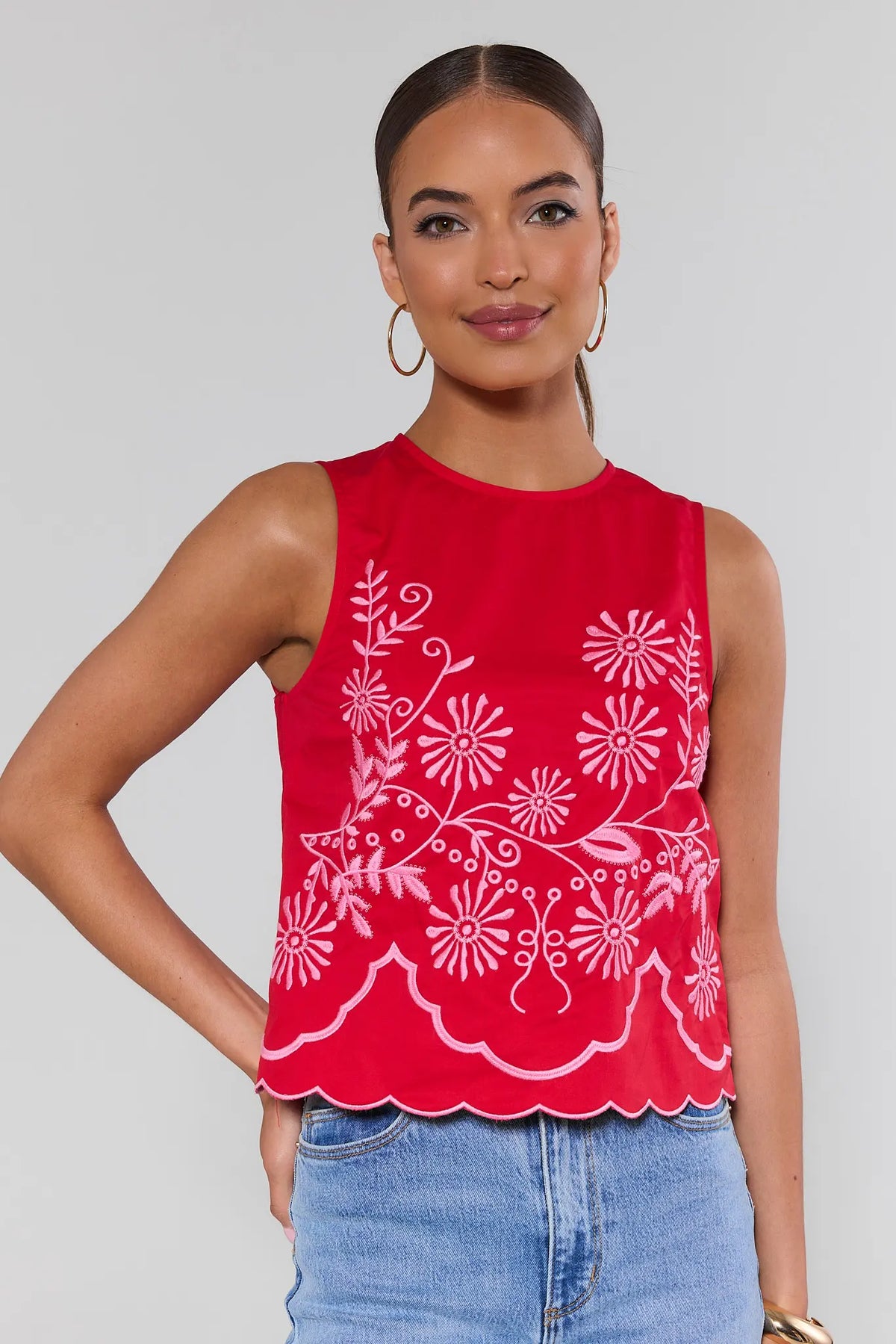 Maisy Red Embroidered Tank Top with pink floral embroidery and scallop hem - Front View | Avara