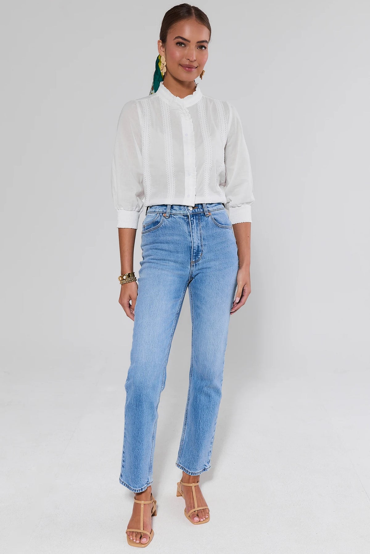 Archer White Button Up Top full-length front view, modest lace blouse styled with light blue straight-leg jeans | Avara