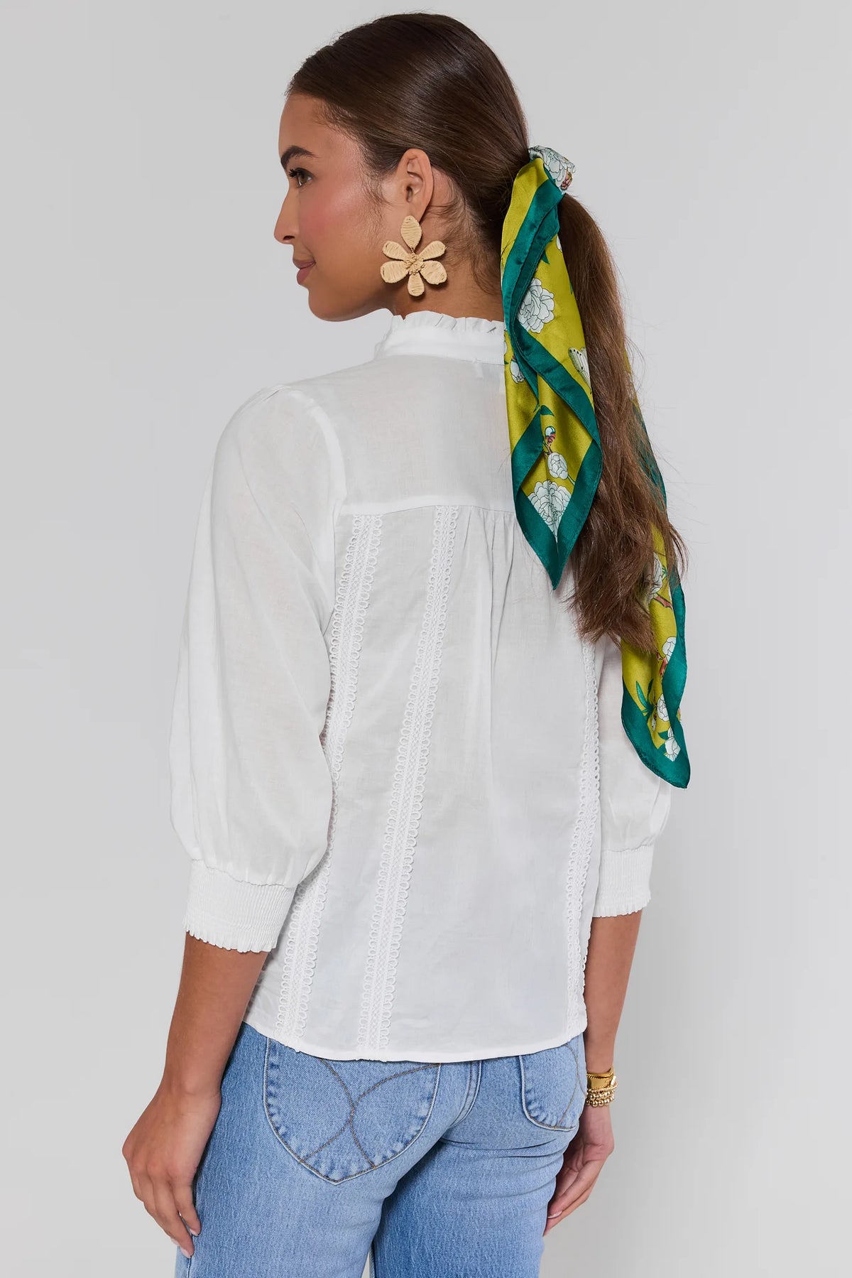 Archer White Button Up Top back view showing lace-inset detail and 3/4 smocked cuff sleeves - Back View | Avara