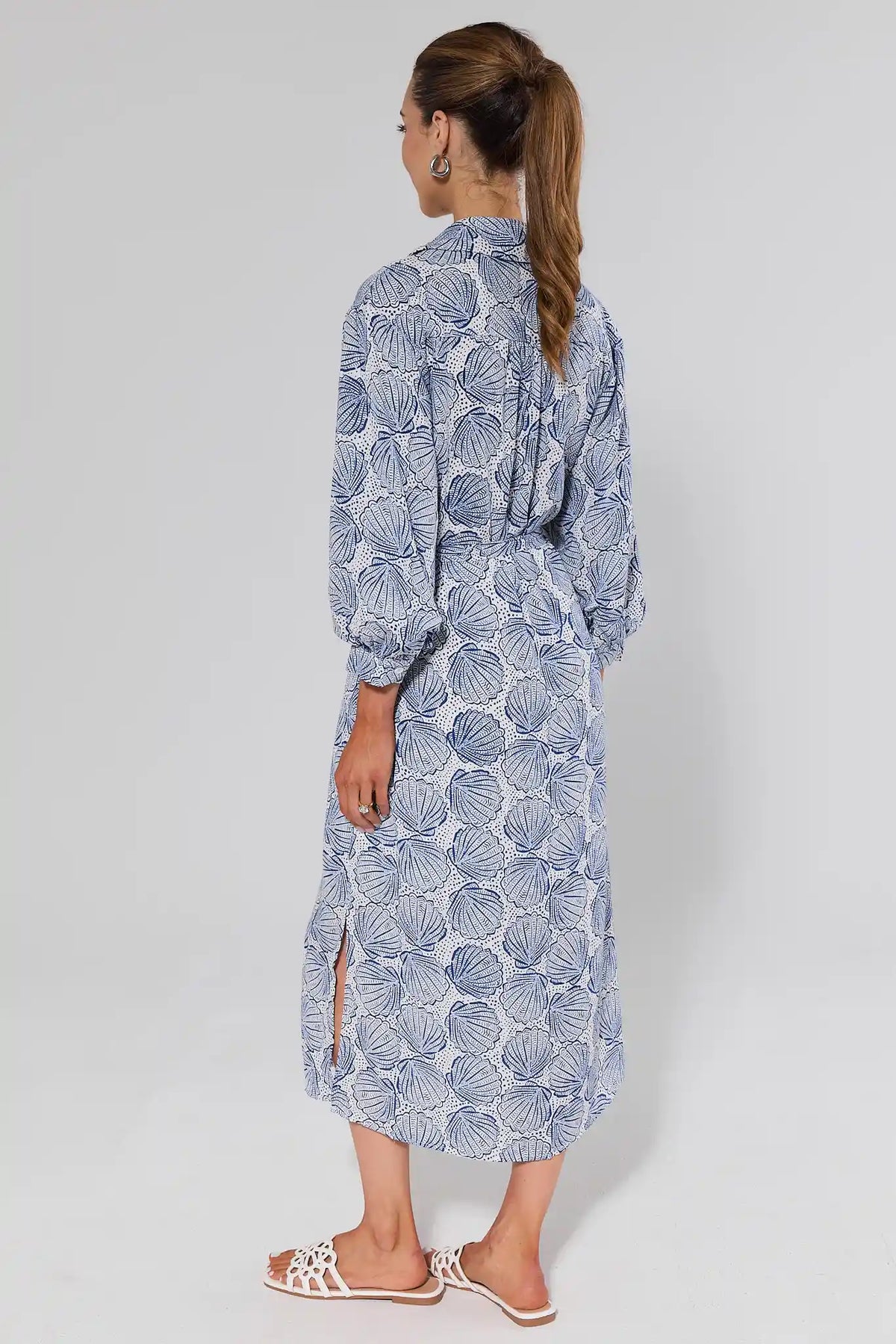 Helen Blue Shell Print Midi Dress - Back View with Side Slit Detail | Avara