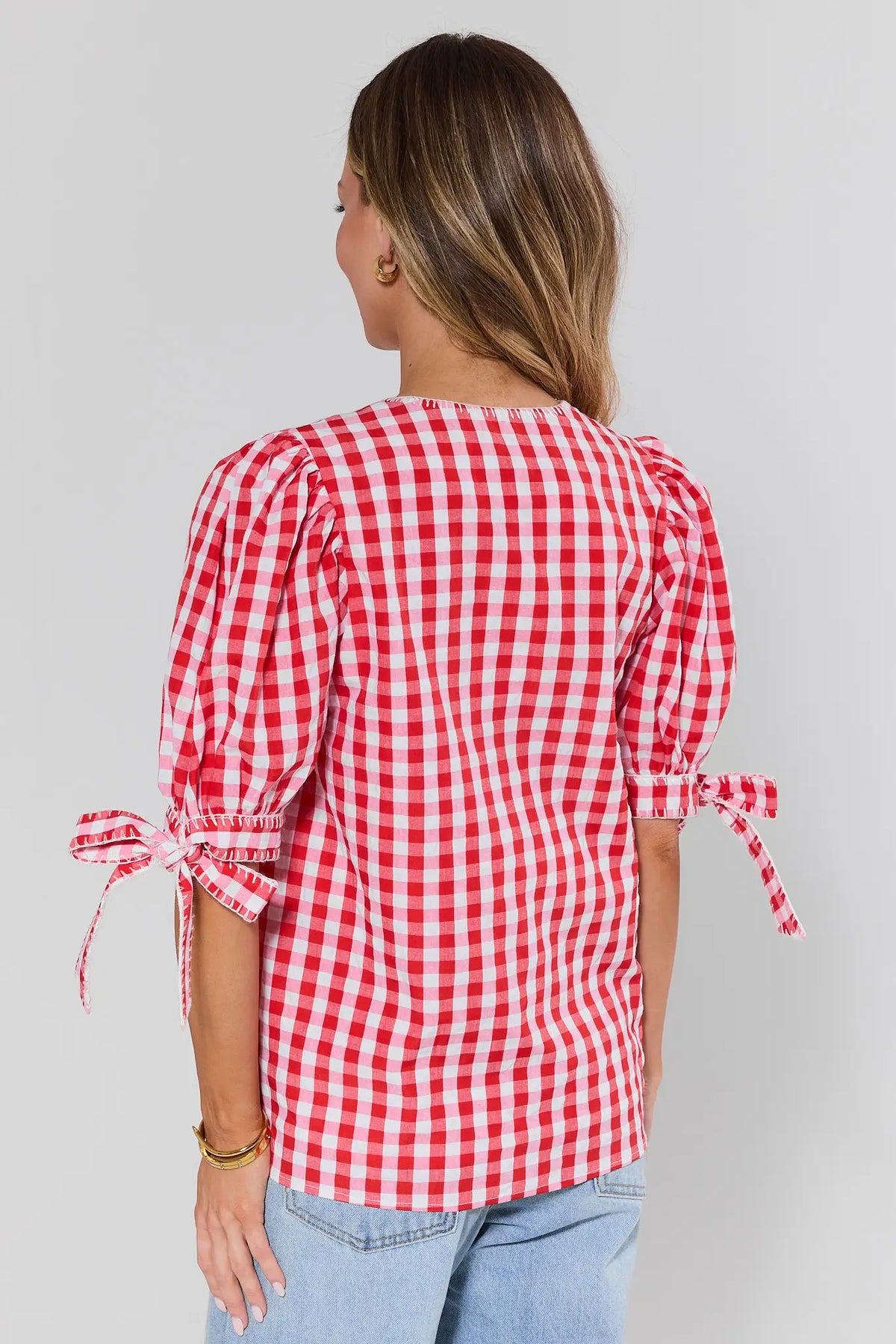 Scarlett Red Gingham Puff Sleeve Top showing puff sleeves with tie details - Back View | Avara