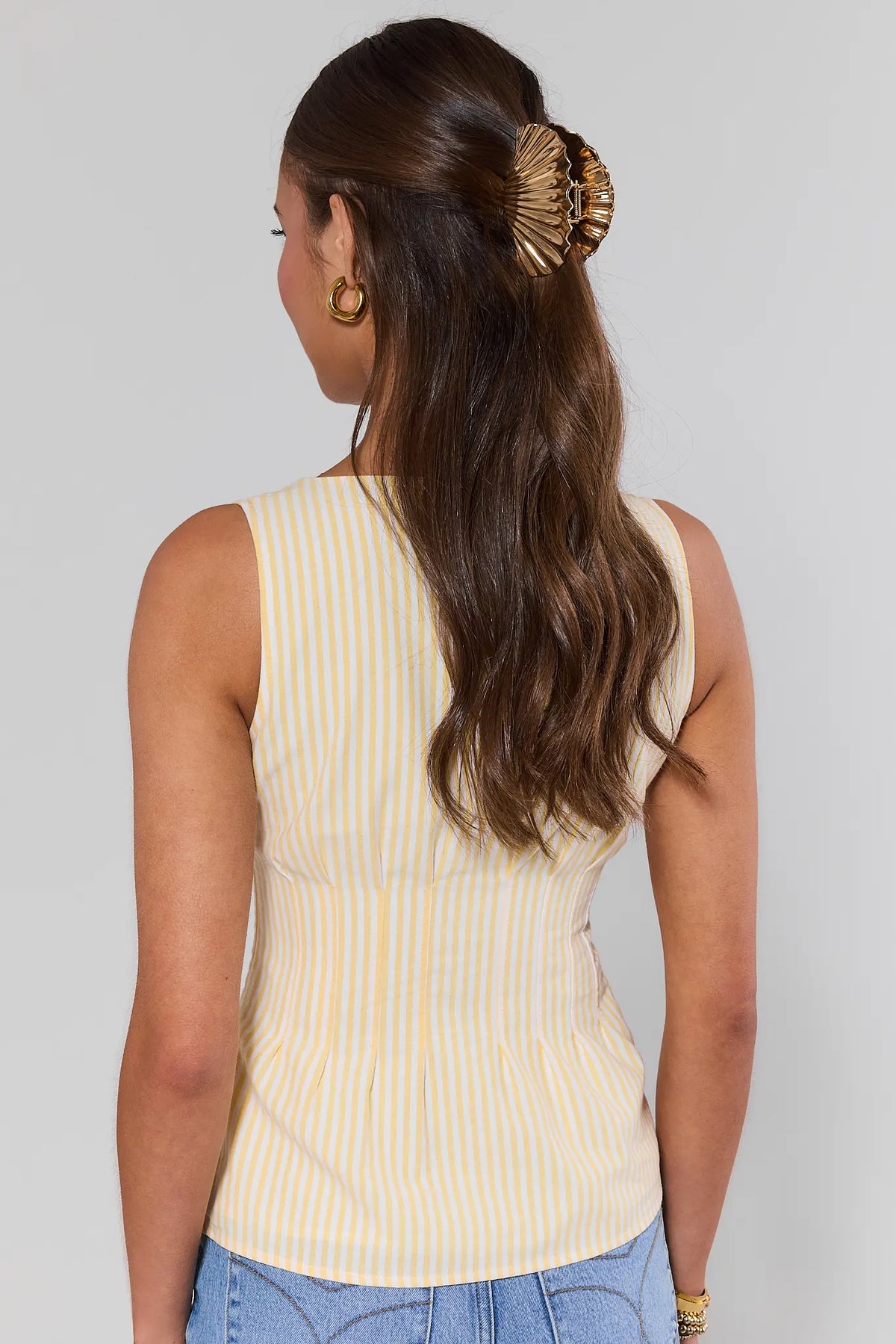 Yellow Striped Peplum Tank Top - Back View On Model with Denim | Avara