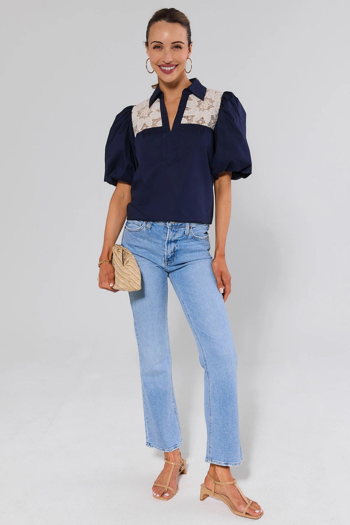 Penelope Navy Crochet Top styled with light-wash jeans and tan sandals, full-length front view on model | Avara