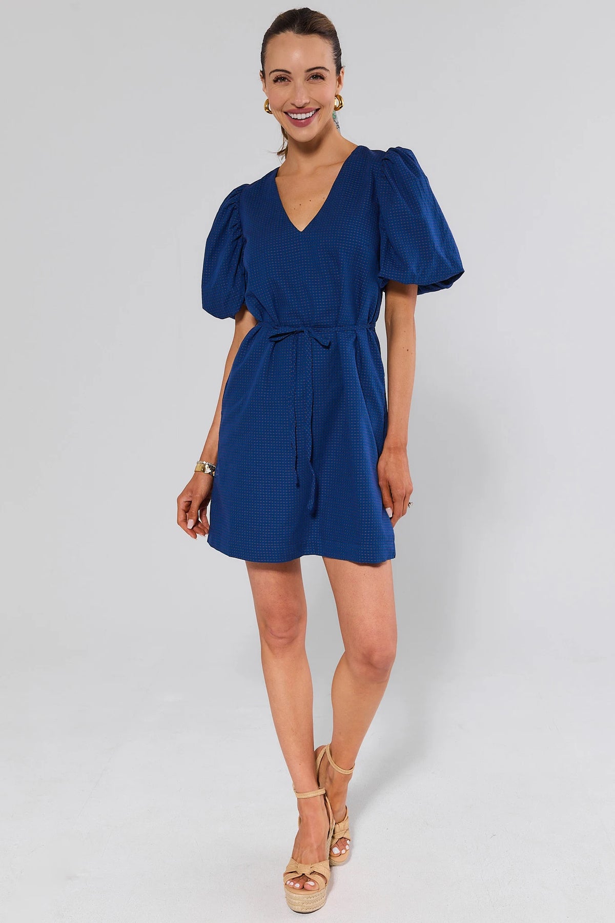 Navy embroidered dot puff sleeve short dress with wedge sandals - Full Length Front View | Avara