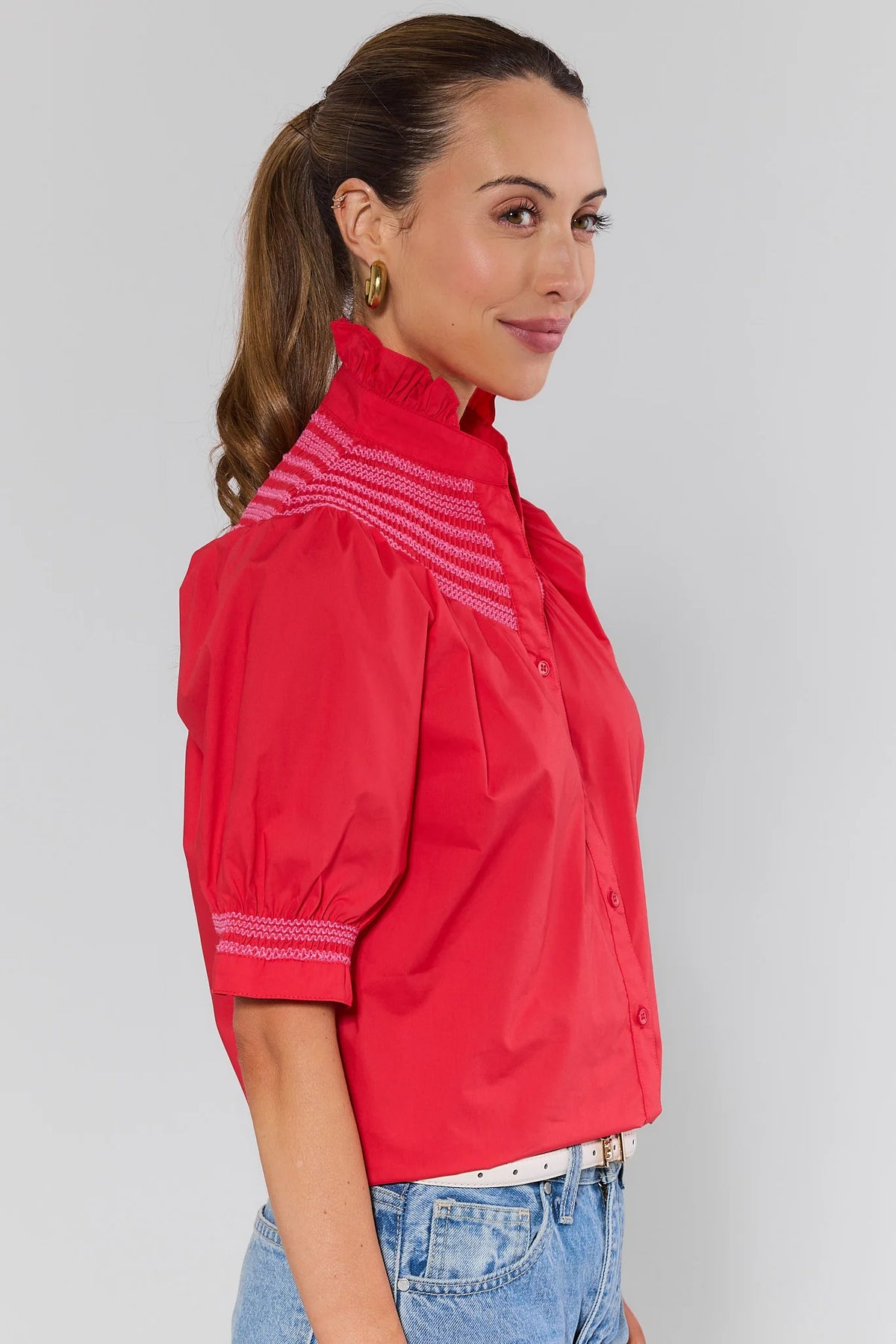 Red and white embroidered top with ruffle collar and puff sleeves - Side Profile View | Avara