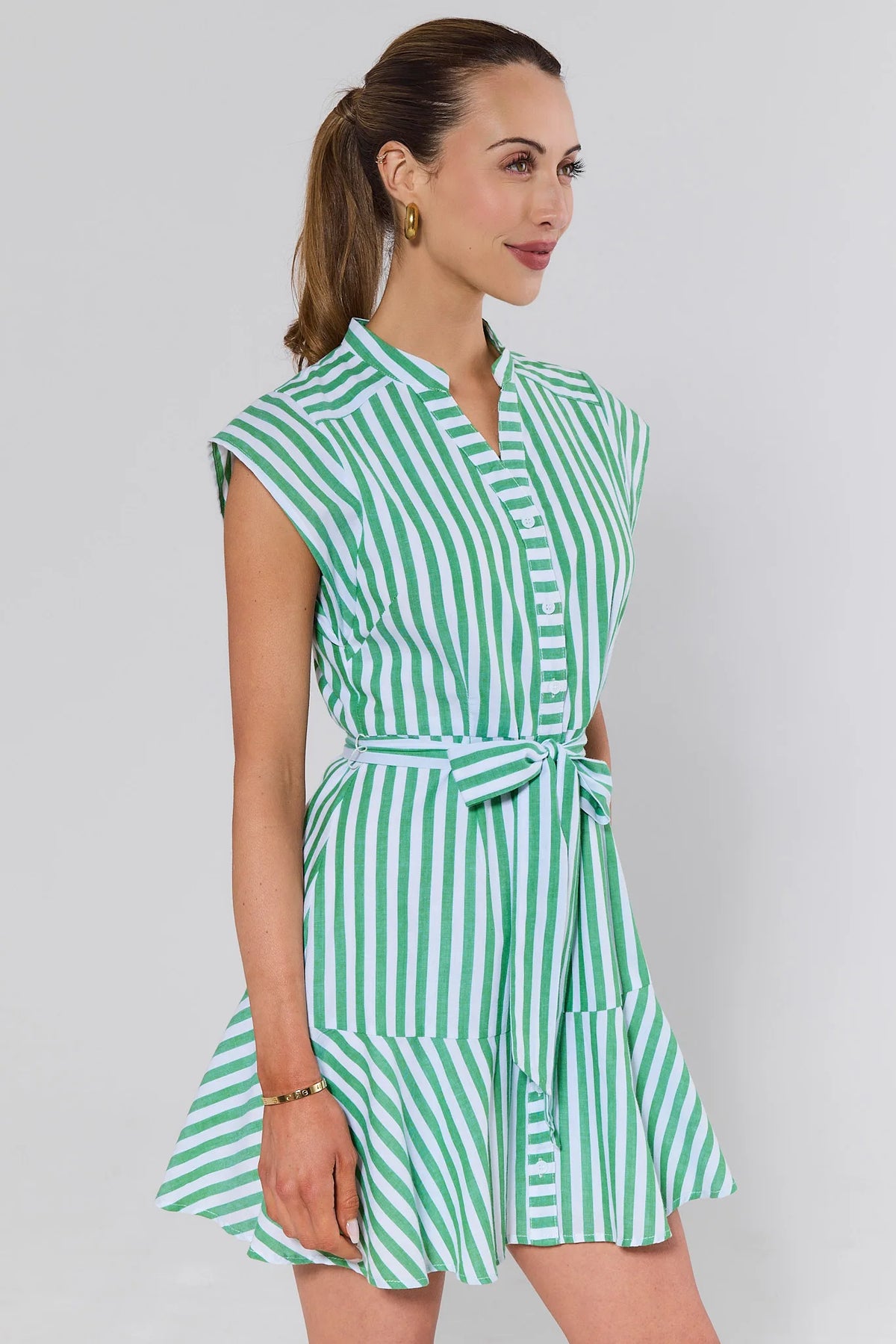 Erica Green Striped Short Dress - Side View showing A-line skirt, tiered hem, and cap sleeves | Avara