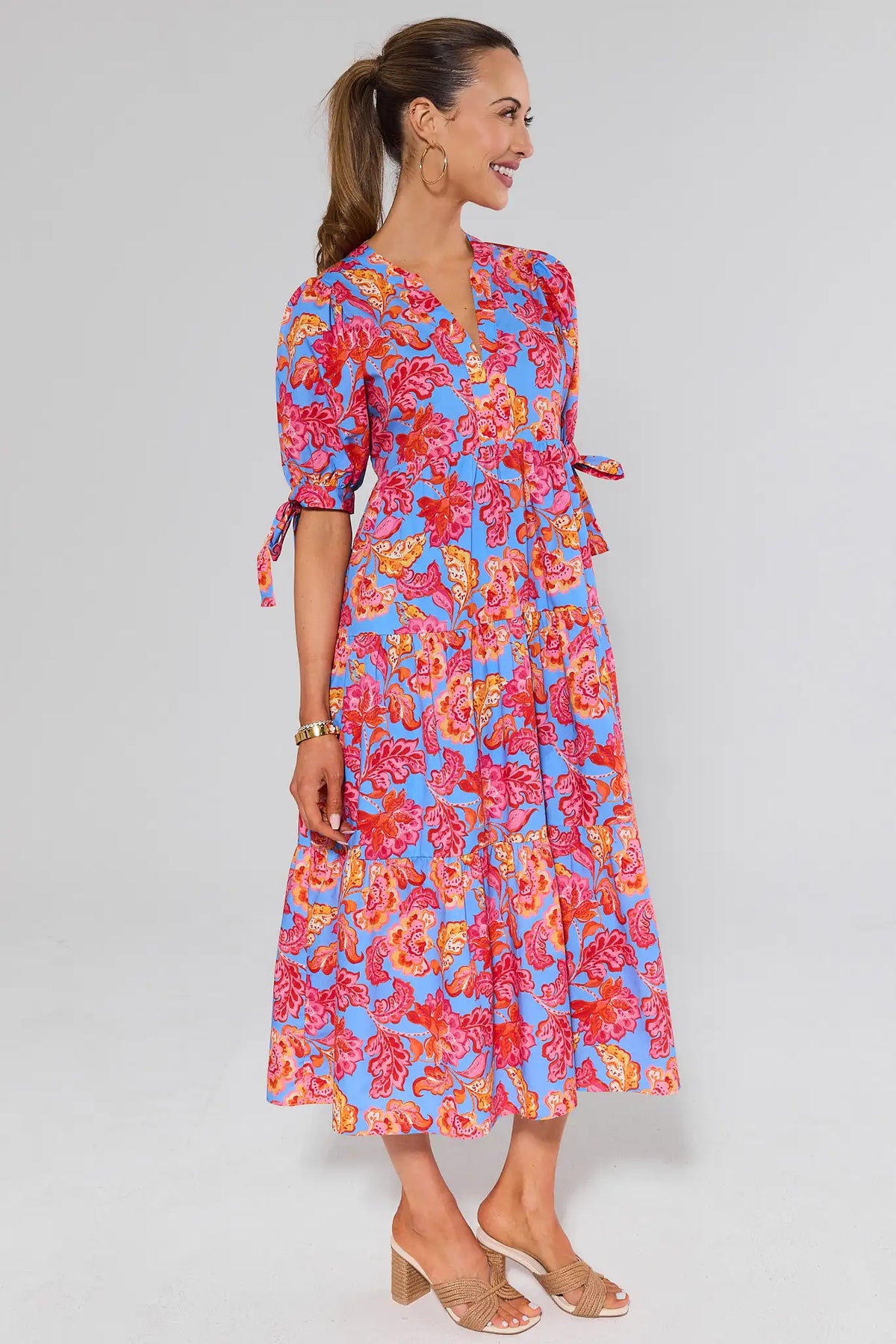 Harriet Blue Floral Printed Midi Dress - Side Profile View, Knee-Length Tiered Floral Dress | Avara