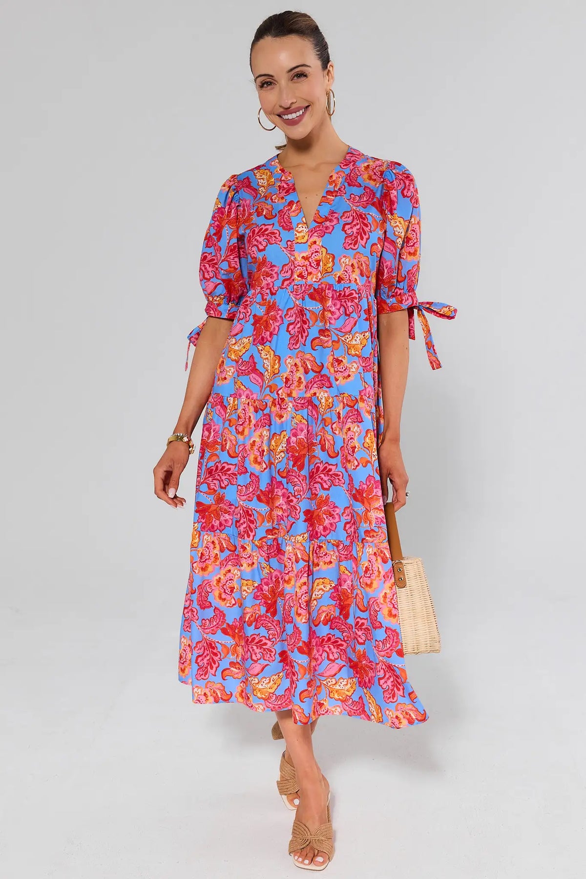 Harriet Blue Floral Printed Midi Dress - Full Front View, Tiered Modest Midi Dress with Woven Bag | Avara