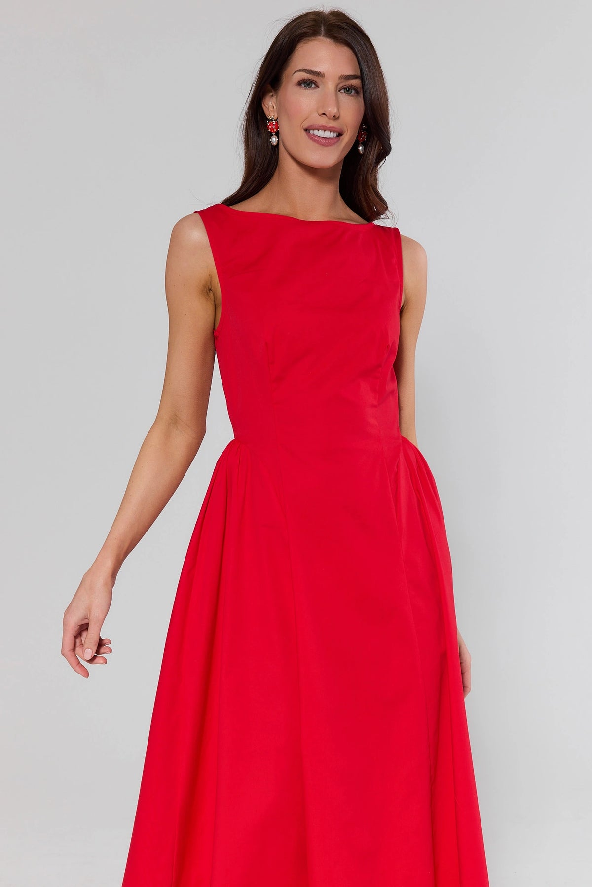 Red Boat Neck Midi Dress with classic boat neckline and A-line silhouette - Front View On Model | Avara