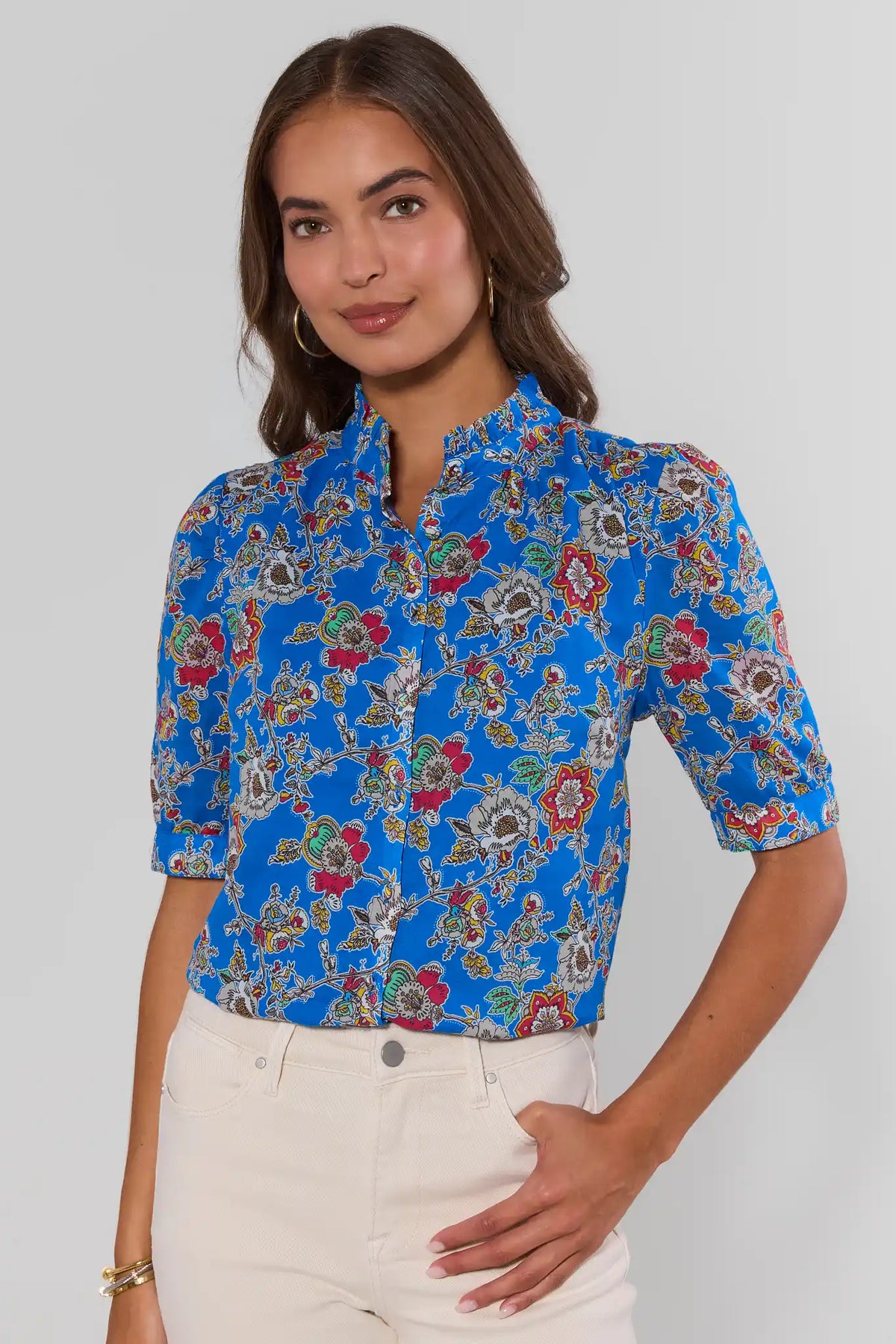 Camille Blue Floral Print Top - Front View, modest elbow-sleeve blouse with band neckline | Avara