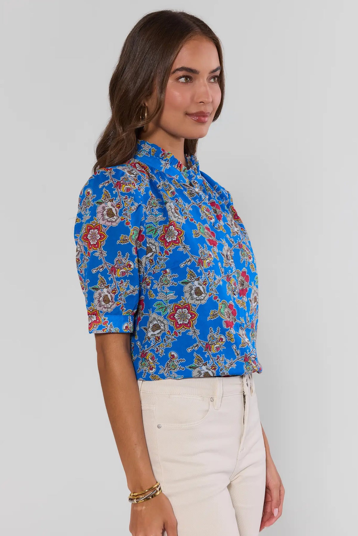 Camille Blue Floral Print Top - Side Profile, elbow-length sleeves and relaxed feminine fit | Avara
