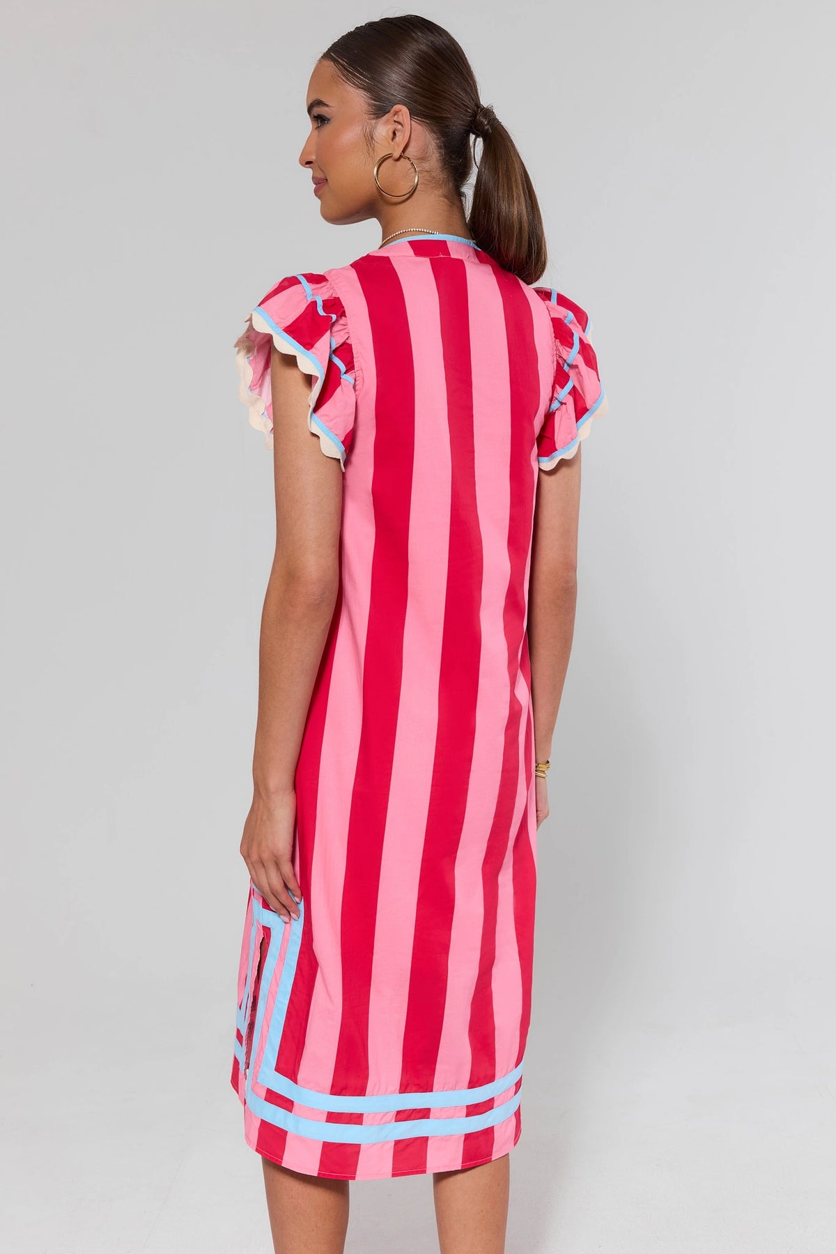 THML pink striped midi dress - Back View showing ruffle sleeves and blue trim hem detail | Avara