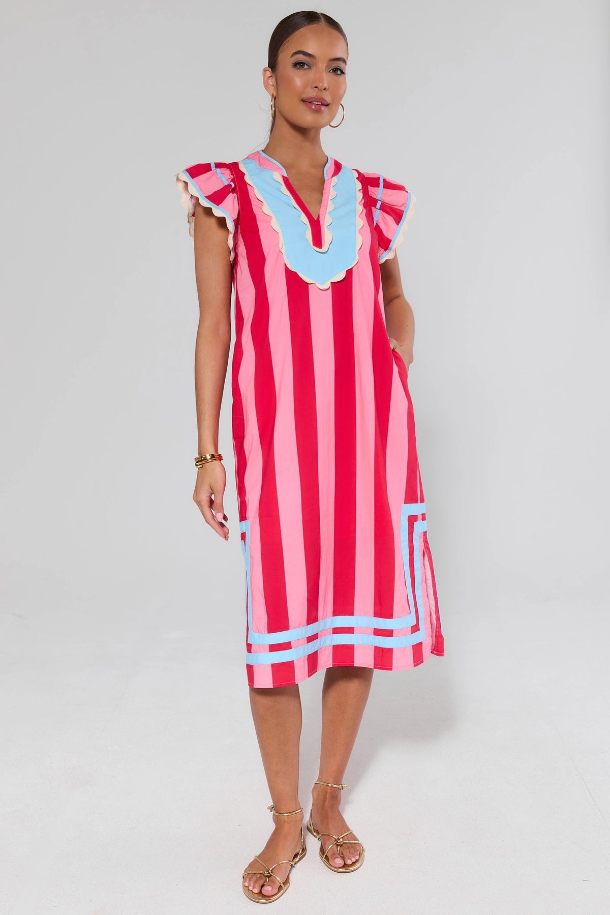 Pink Striped Midi Dress by THML - Full Front View with gold sandals, modest midi length | Avara
