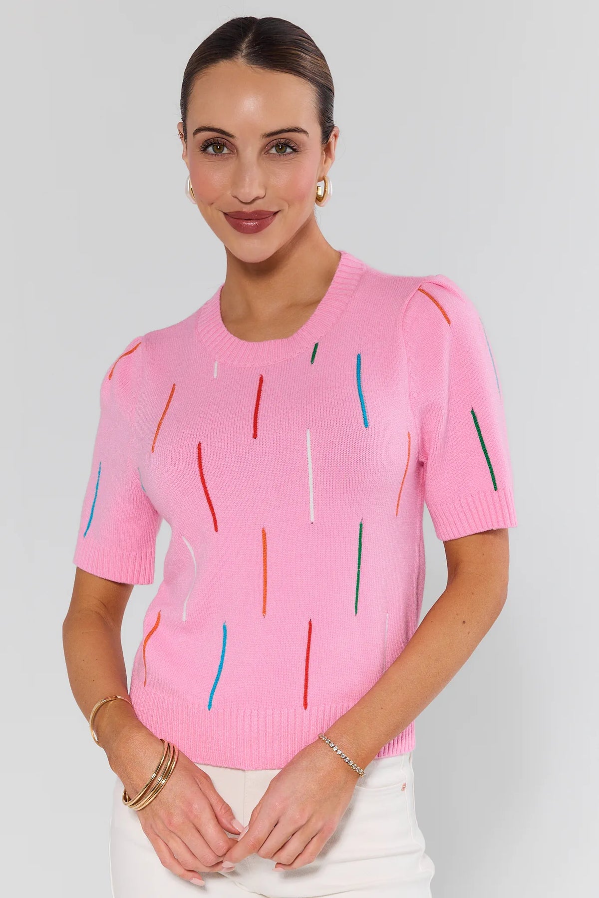 Pink Knit Embroidered Top with multicolor dash detail, short sleeves, crew neck - Front Angle | Avara