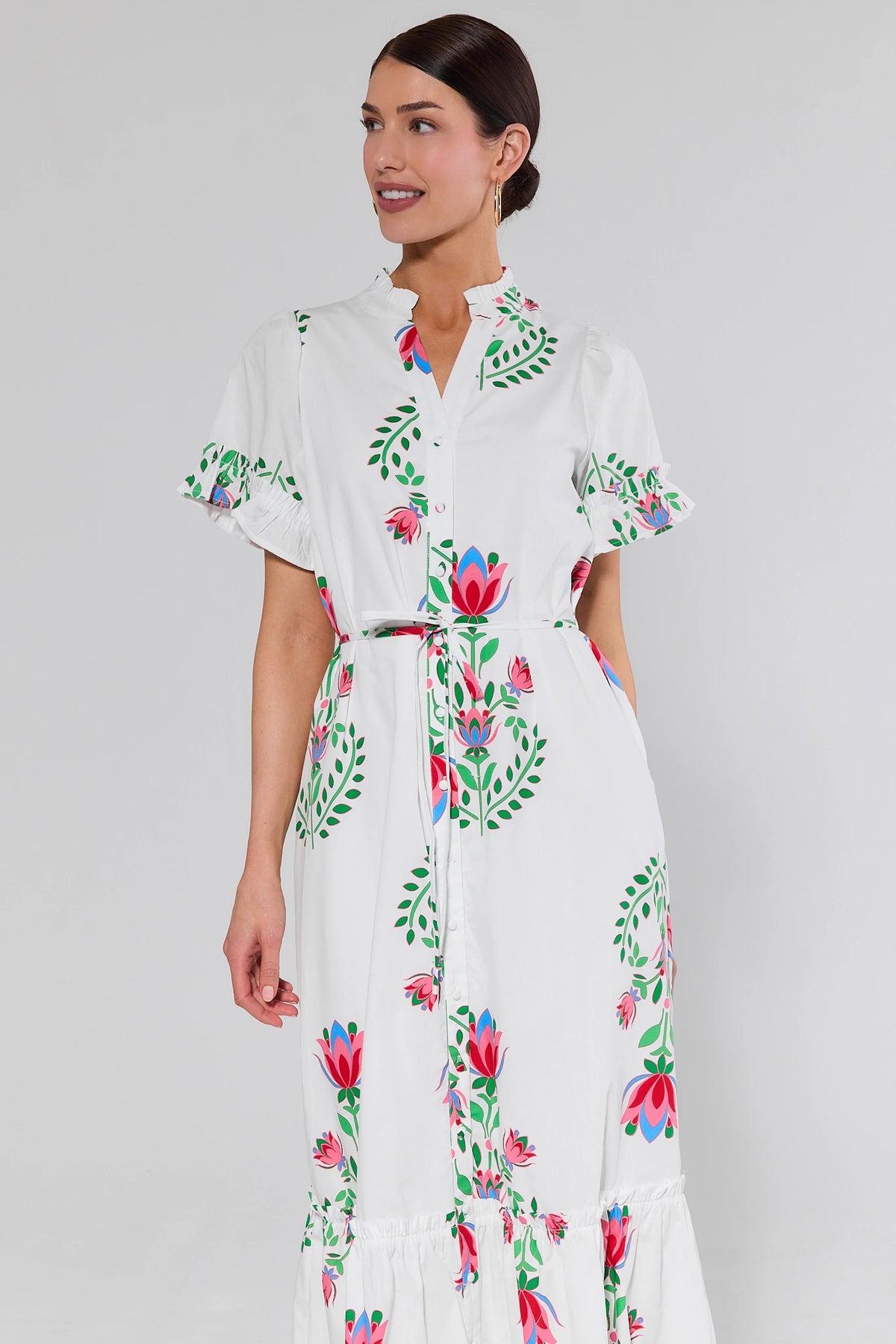 White Floral Printed Maxi Dress three-quarter front view showing tiered hem and belted waist, modest maxi dress | Avara