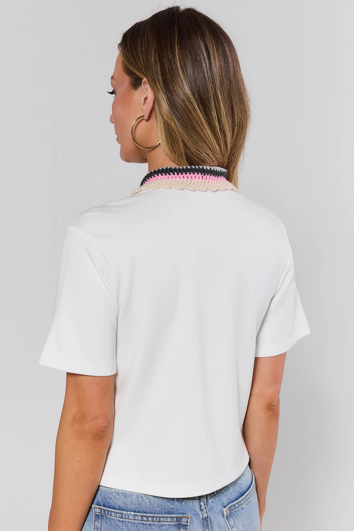 White crochet collar top back view showing multicolor collar and short sleeve silhouette | Avara