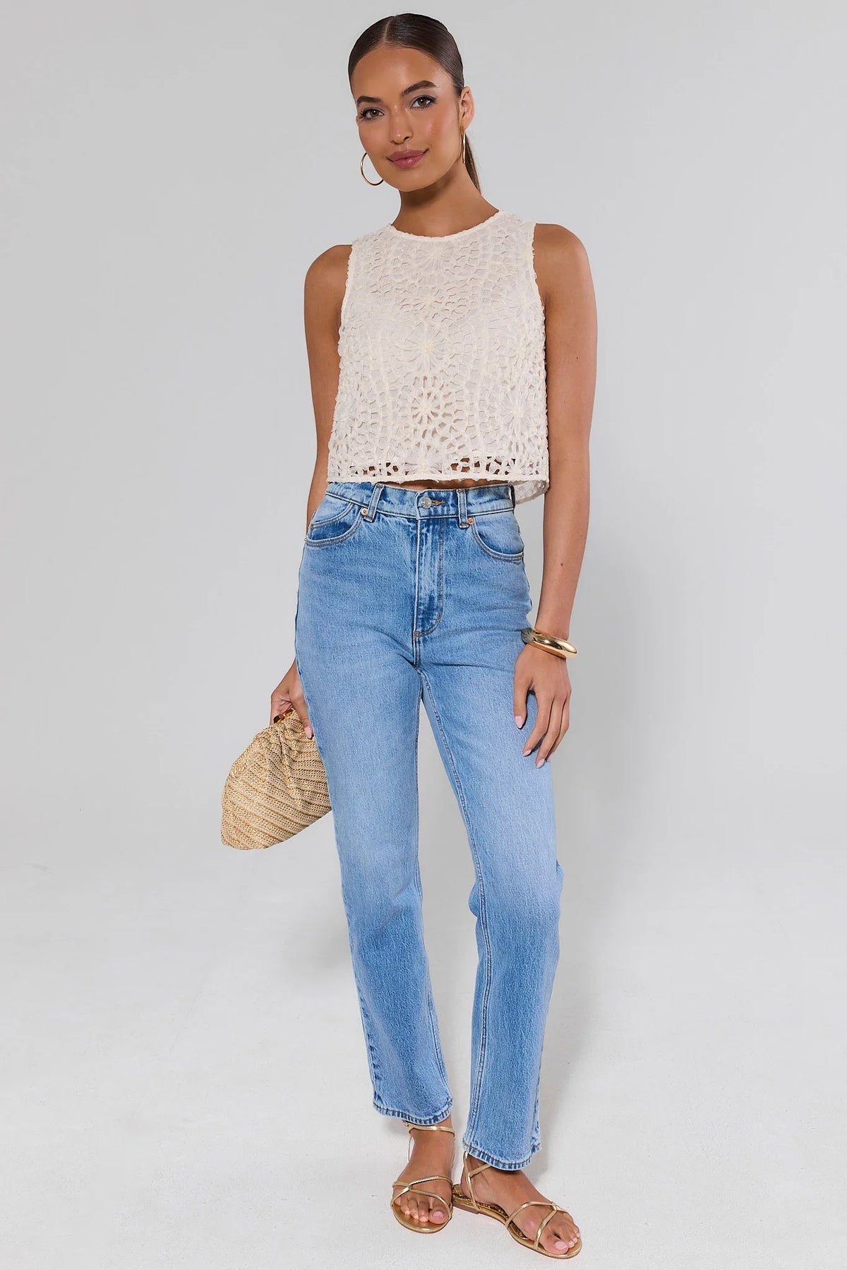 White woven overlay tank top styled with blue jeans and gold sandals - Full Length View | Avara