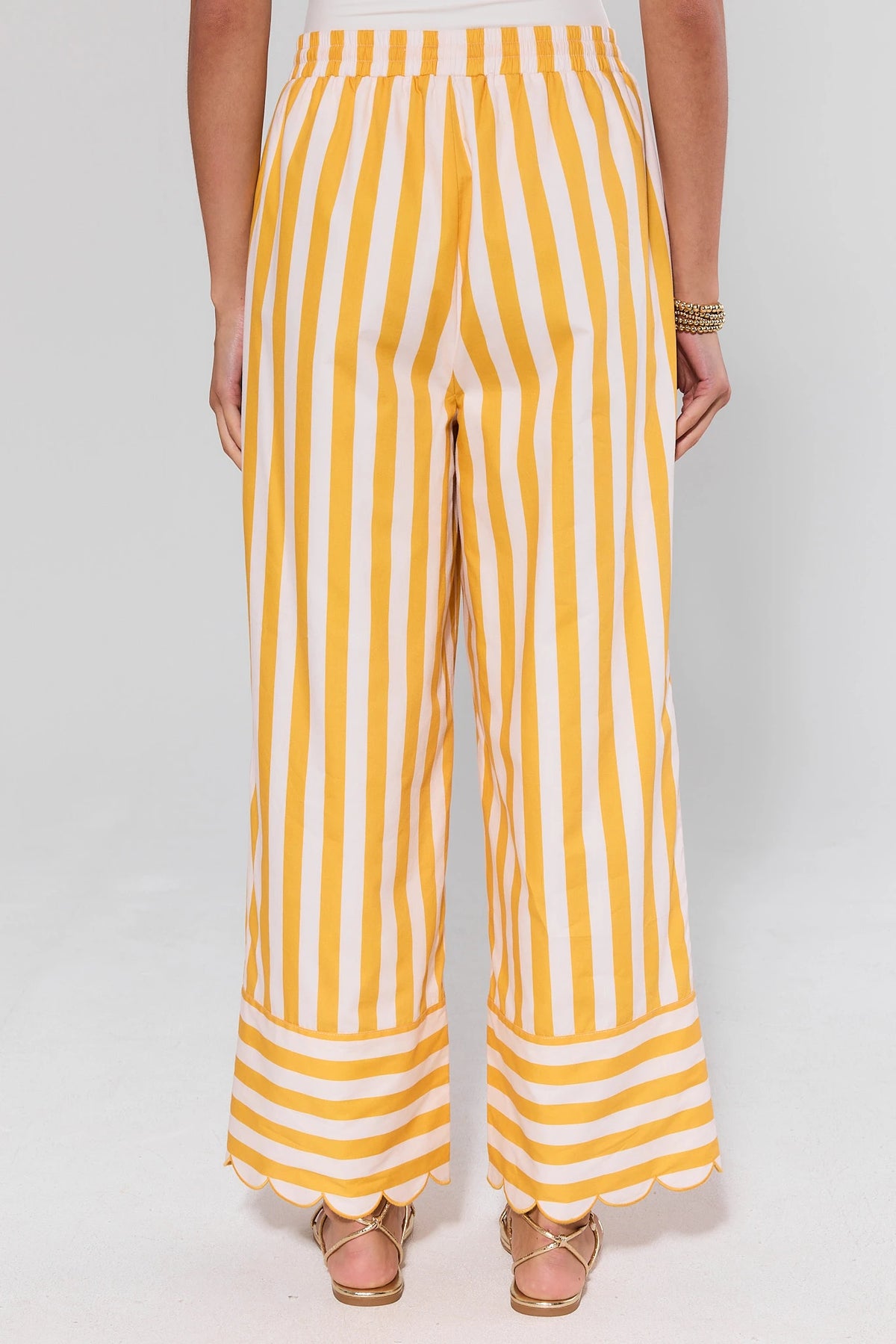 Lindsey Yellow Stripe Wide Leg Pants scallop hem and elastic waist - Back View | Avara
