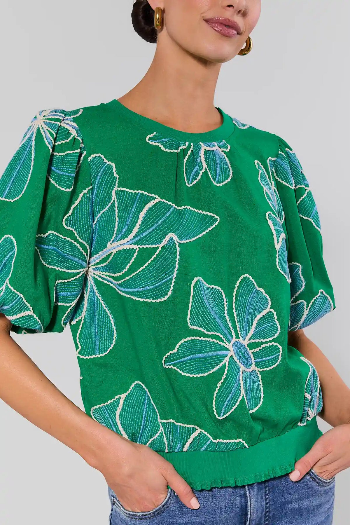 close up Green blouse with floral patterns worn by a person on a plain background