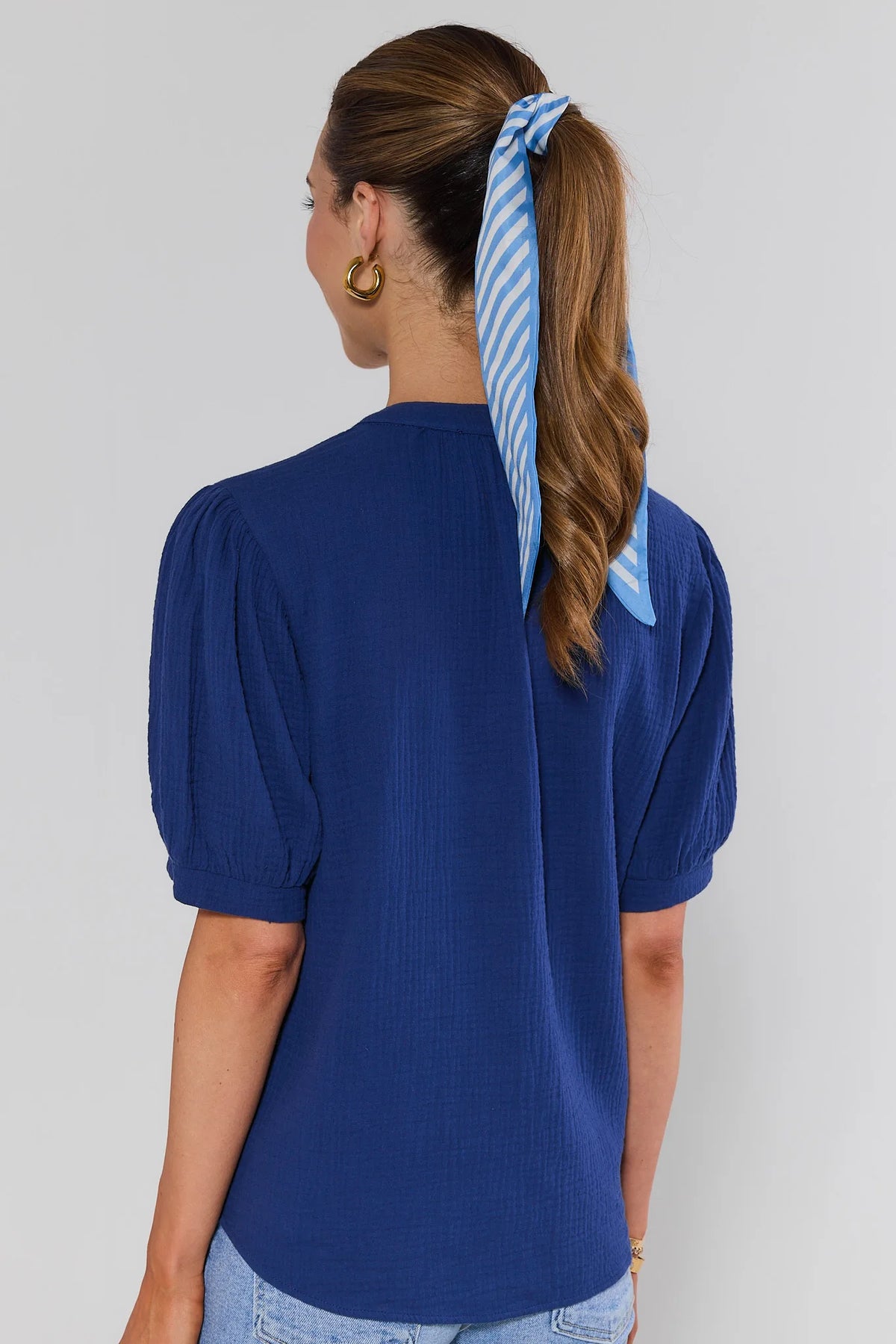Tammy Navy Gauze Top back view showing puff sleeves, relaxed silhouette, and lightweight gauze texture | Avara